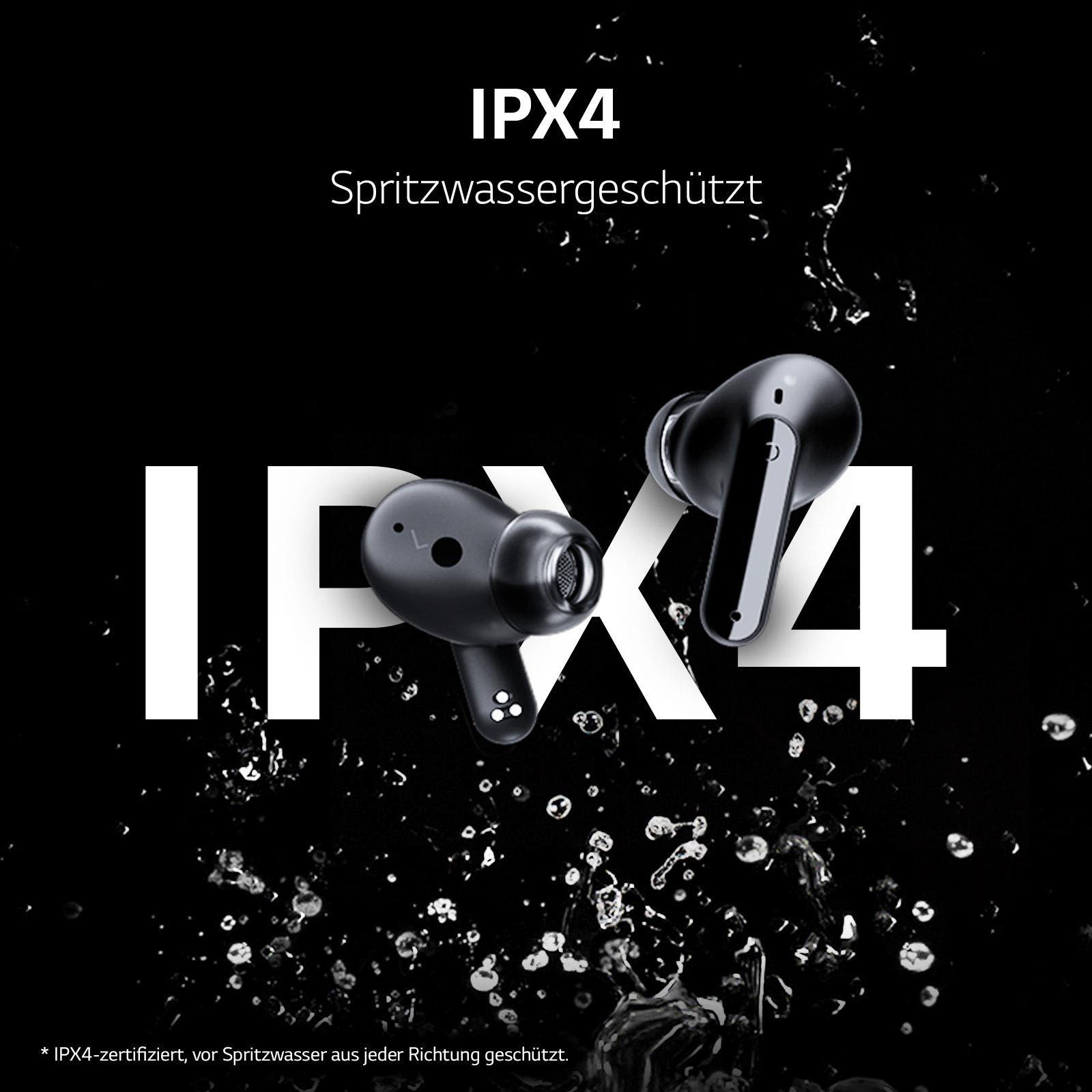 Schwarze kabellose Ohrhörer mit IPX4-Bewertung. Das Bild hat einen dunklen Hintergrund mit Wassertropfen.