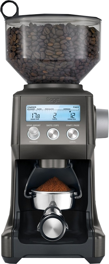 Sage koffiemolen. Digitaal display, bonenreservoir, maalselcontainer. Zwart en grijs.