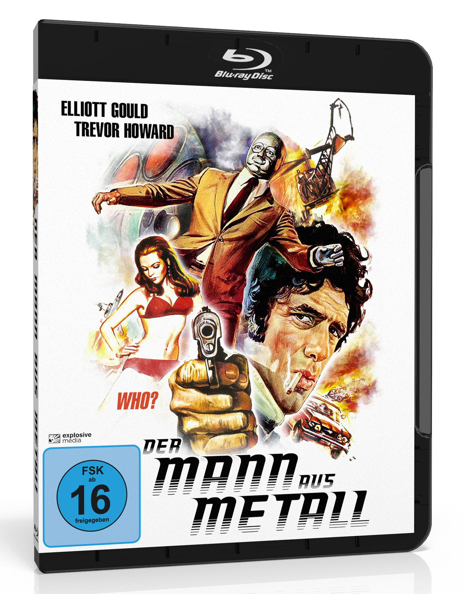 Filmcover. Figuren, die mit Waffen zeigen, Auto und Frau. Text: Der Mann aus Metall. Schauspieler: Elliott Gould, Trevor Howard.
