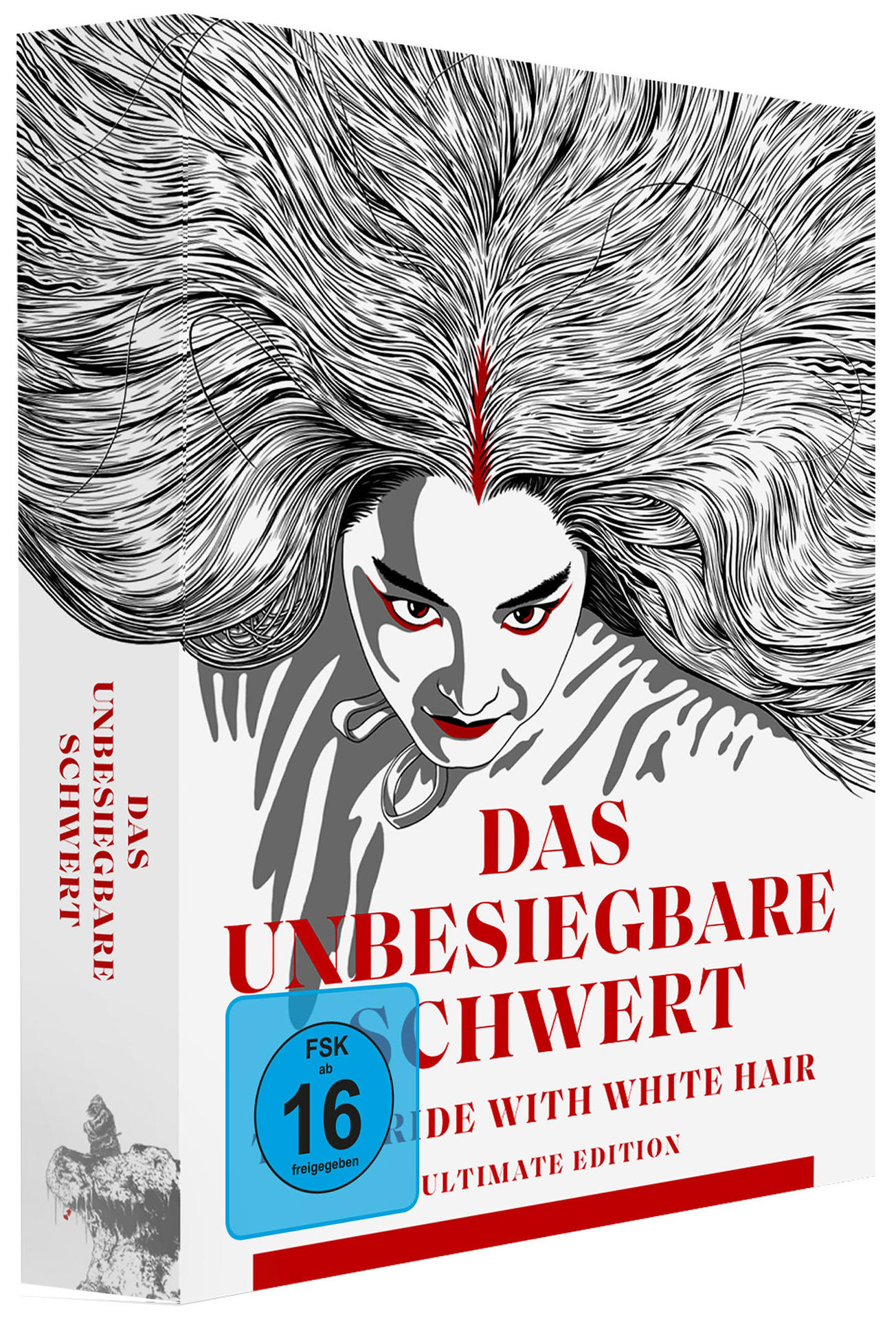 Filmcover mit einer Frau in Schwarz-Weiß-Make-up. Text ist auf Deutsch. 'Ride with white hair'.