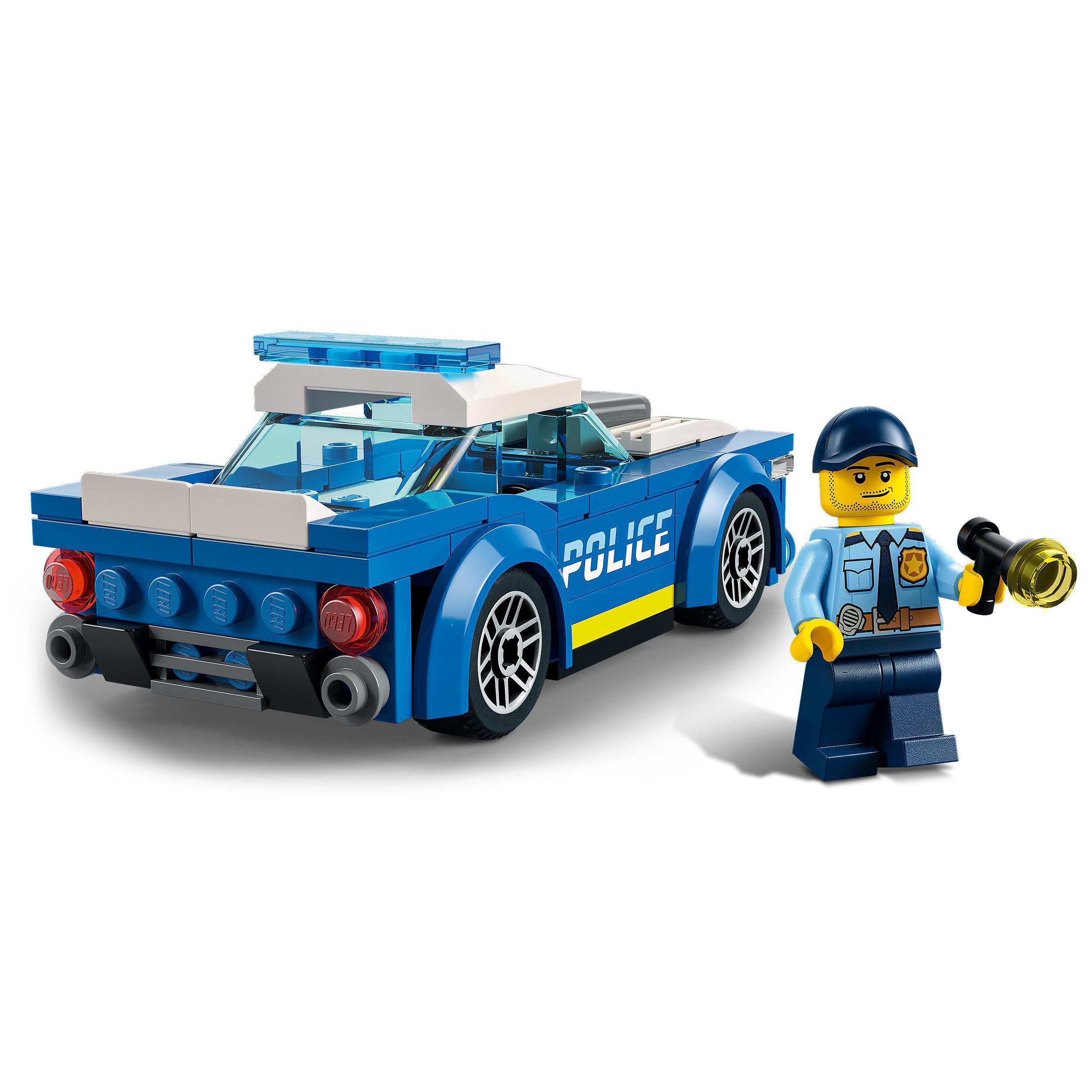 Lego City Polizeiauto mit Polizist mit Megafon, vor weißem Hintergrund.