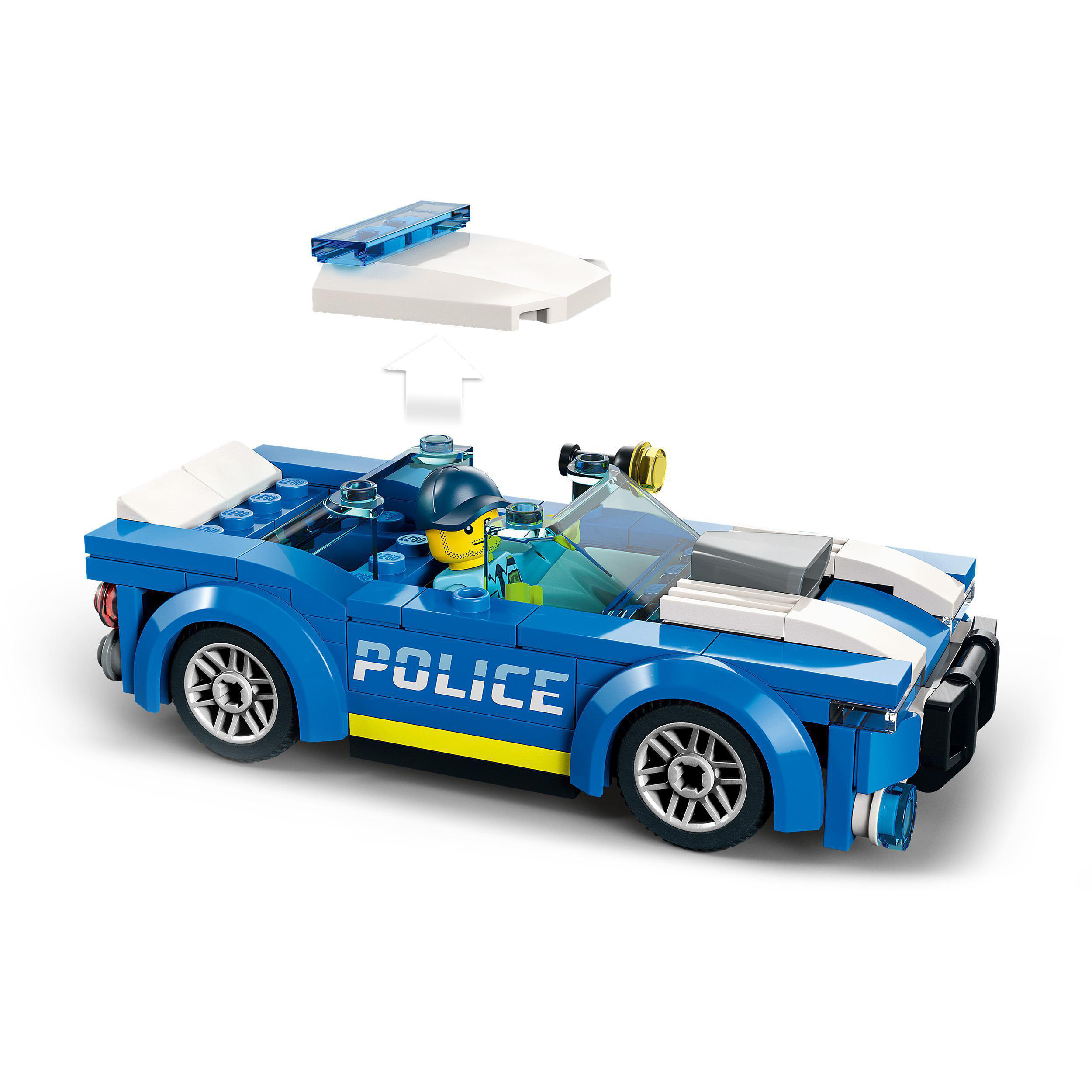 Blau-weißes Polizeiauto-Spielzeug mit abnehmbarem Lichtbalken und Fahrerfigur.