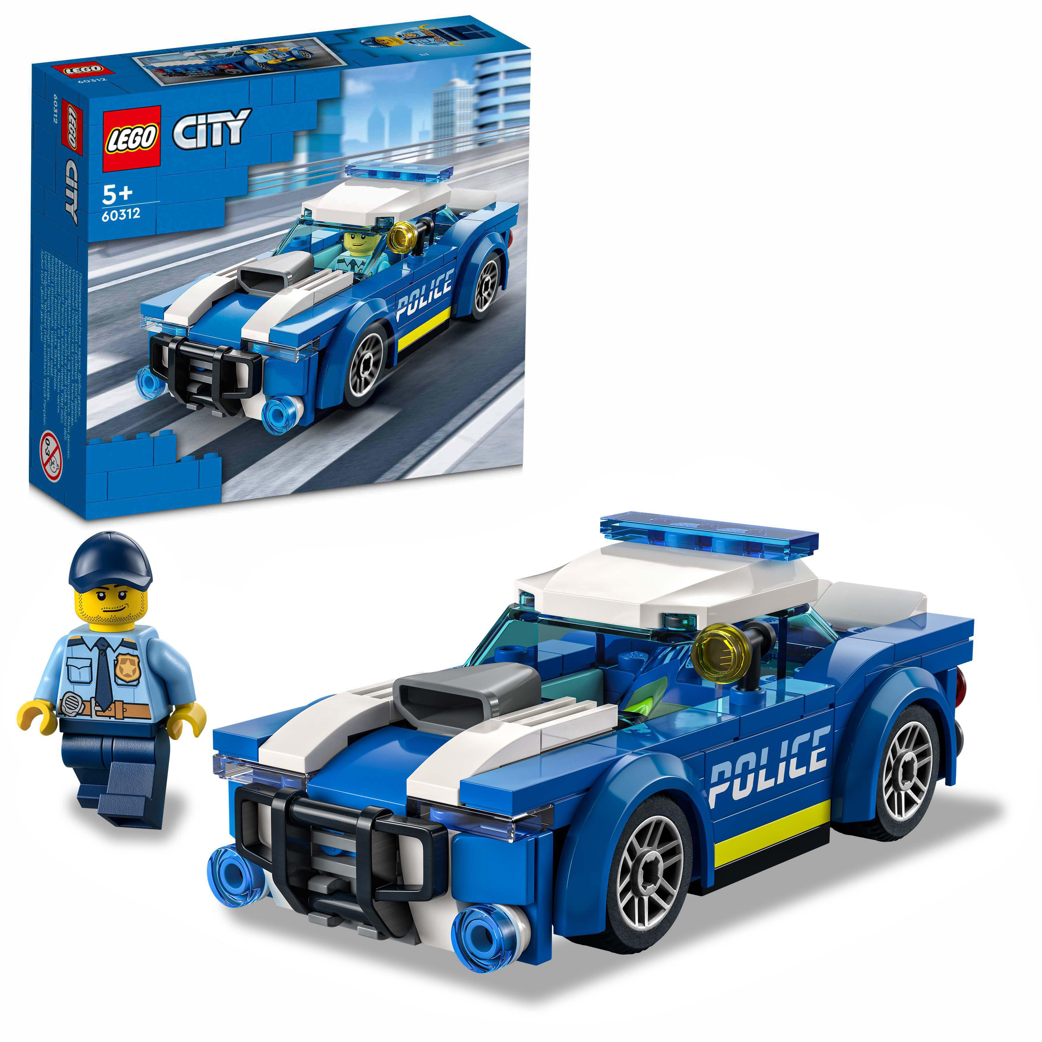 LEGO City Polizeiauto, Polizistenfigur und LEGO-Box.