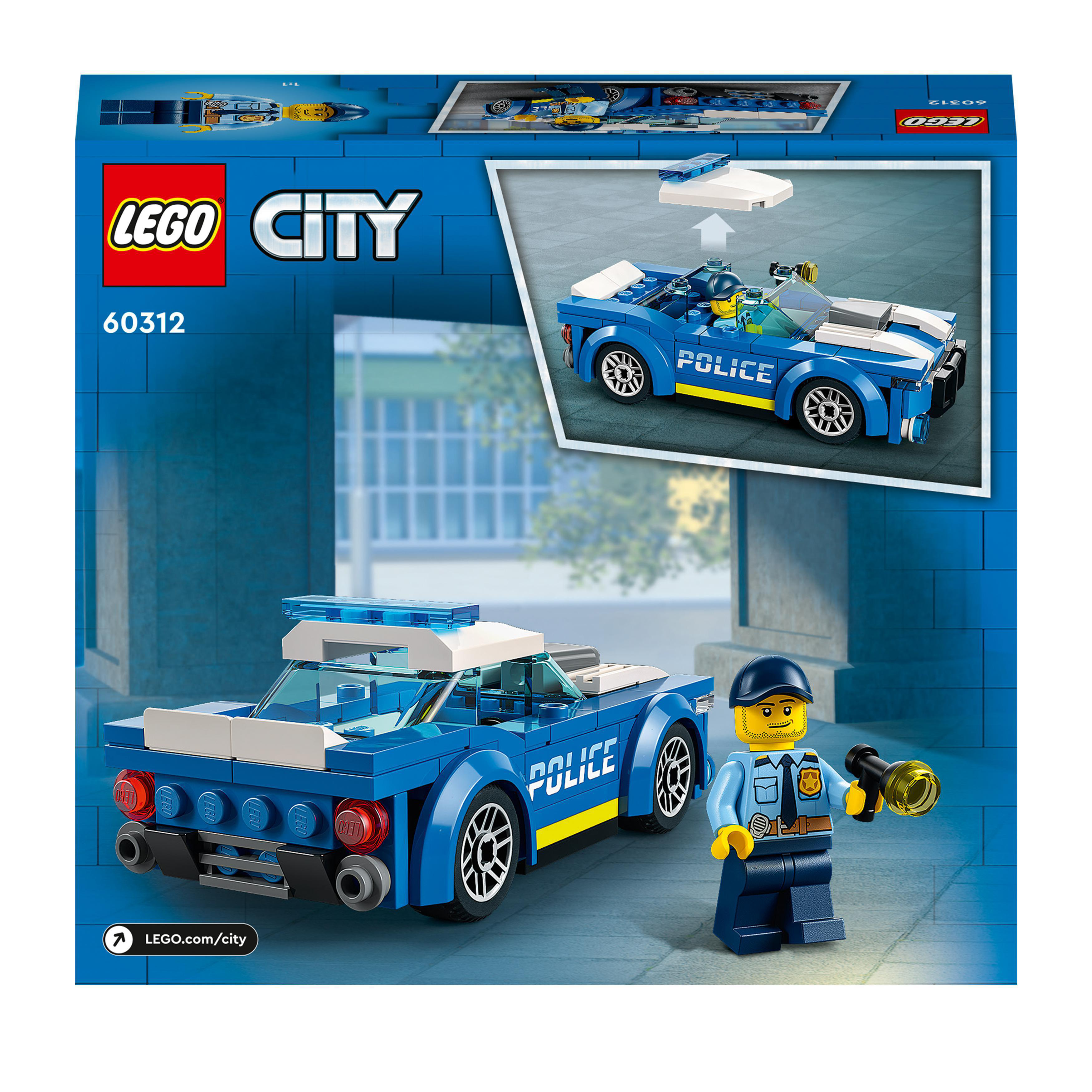Ein Lego City Polizeiauto und eine Polizistenfigur mit einer Taschenlampe.