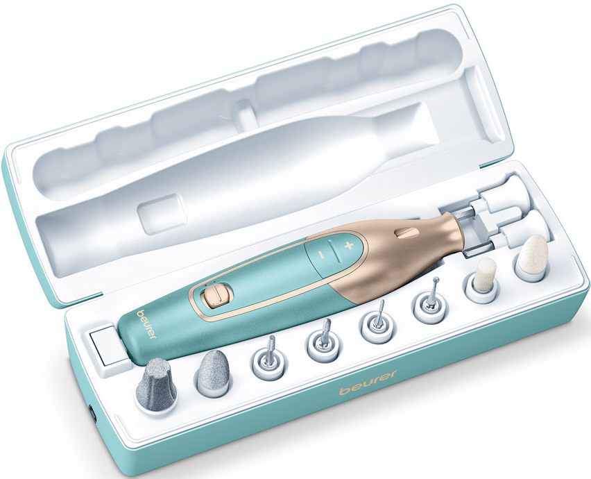 Custodia turchese aperta con lima per unghie elettrica e accessori. Oro e turchese.