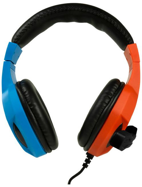 Headphones with blue and orange earcups, a black headband, and a microphone.