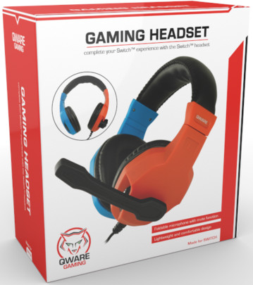 Gaming headset box, with headset illustration, blue and orange colors.