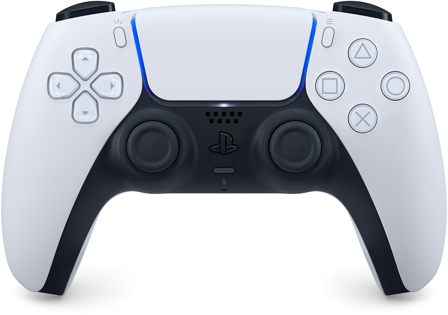 Een wit en zwarte PlayStation 5 controller met blauwe accenten.