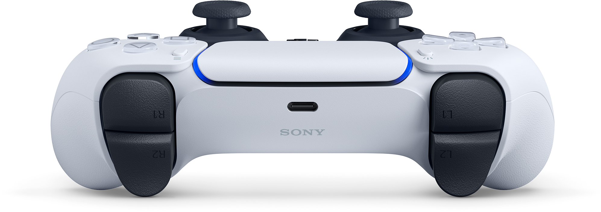 Een witte PlayStation 5 controller met zwarte handgrepen en knoppen.