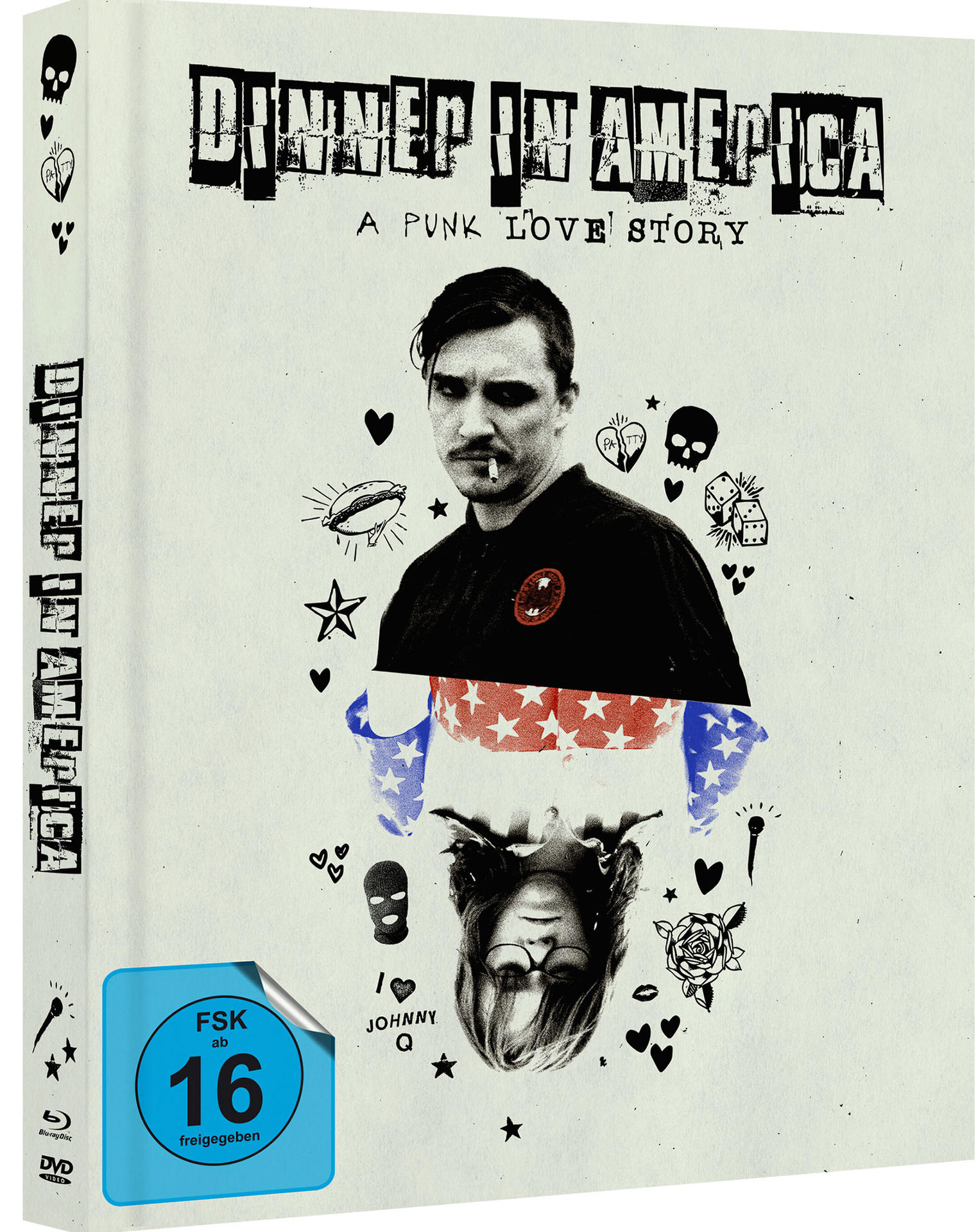 DVD-Box-Set. Auf dem Cover ist ein Mann mit Zigarette zu sehen. Titel Dinner in America. Weißer Hintergrund.