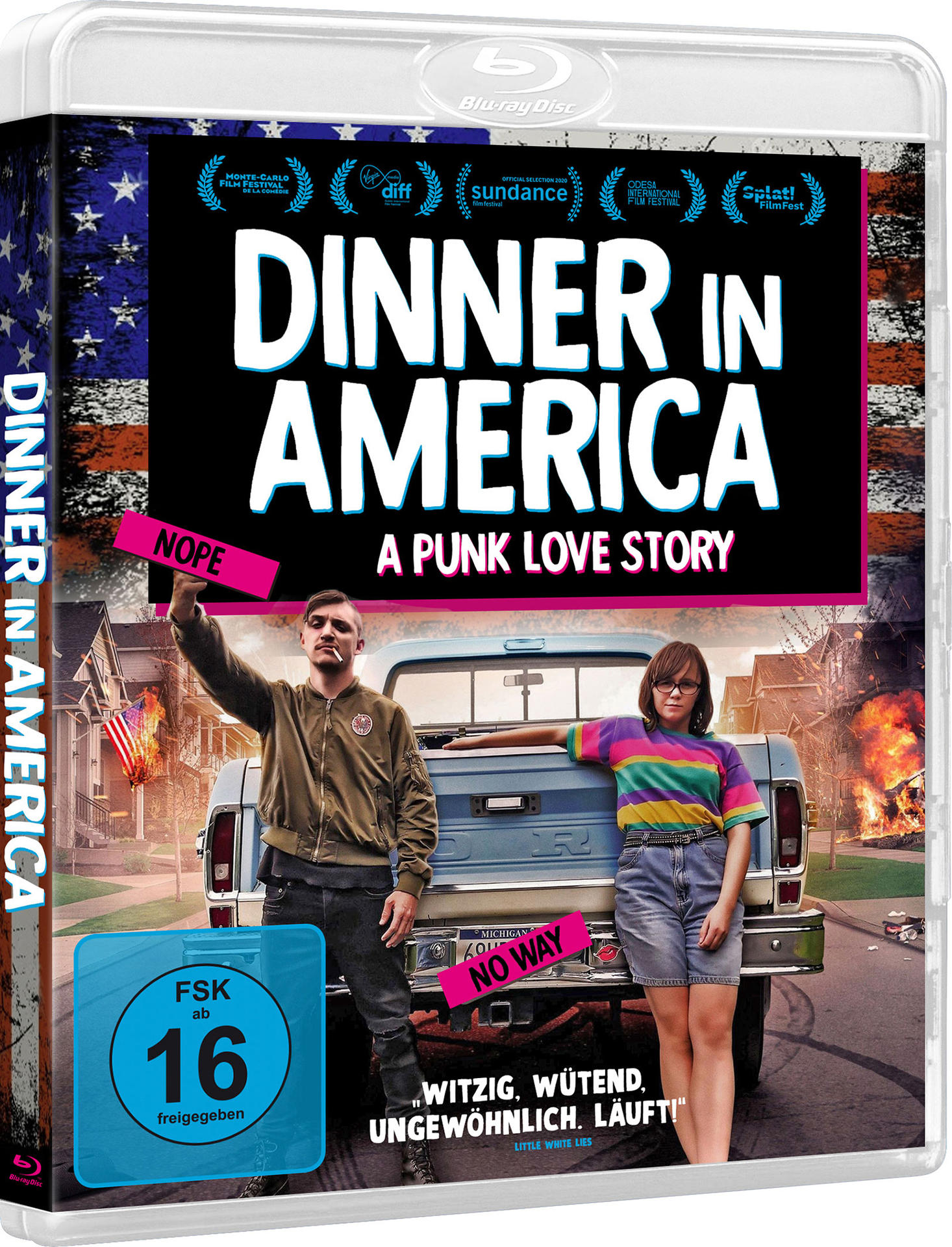 Blu-ray-Hülle von 'Dinner in America'. Zeigt zwei Personen vor einem Truck und ein brennendes Gebäude.