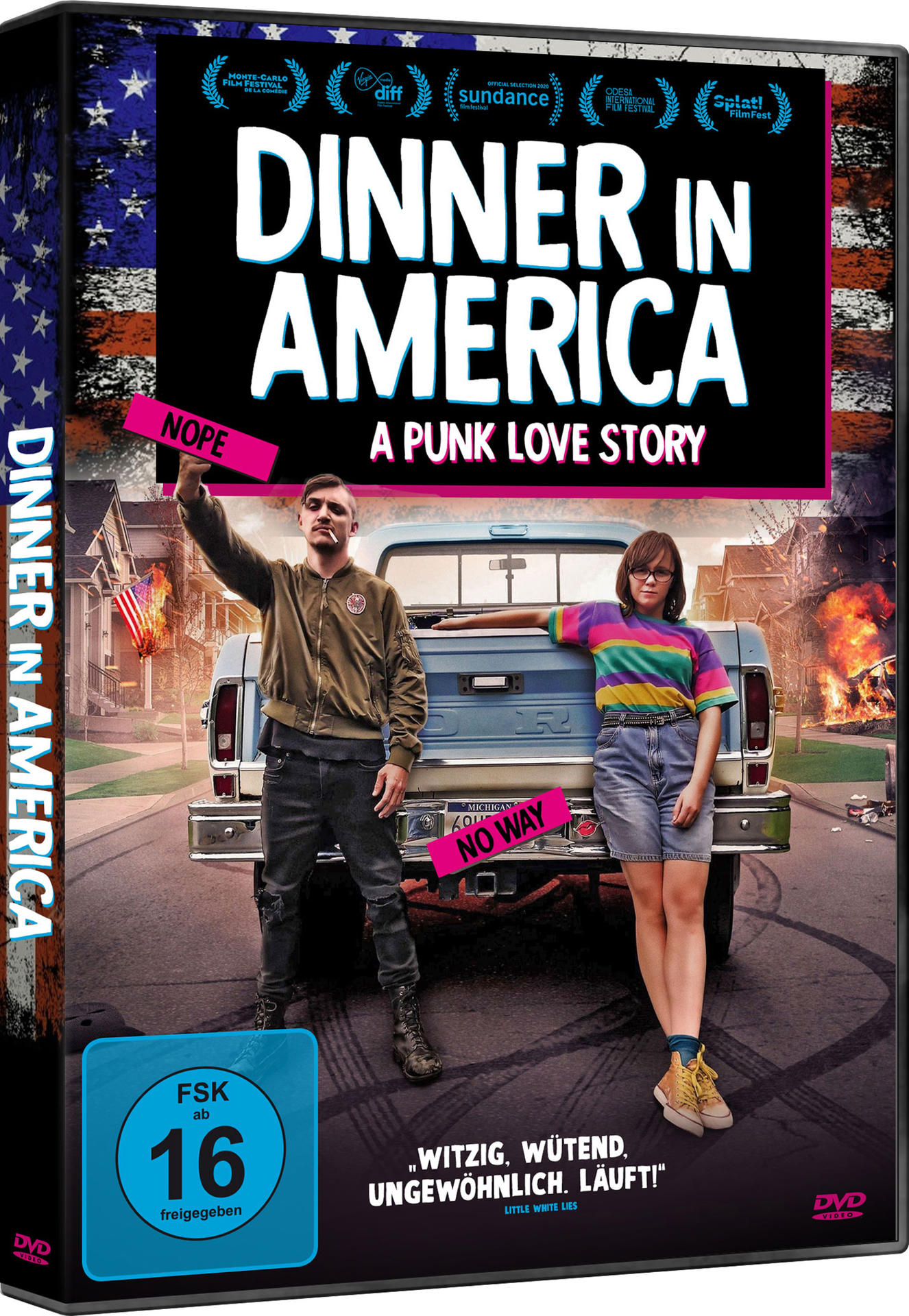 Filmcover: Zwei Personen stehen vor einem Lastwagen. Titel: Dinner In America.