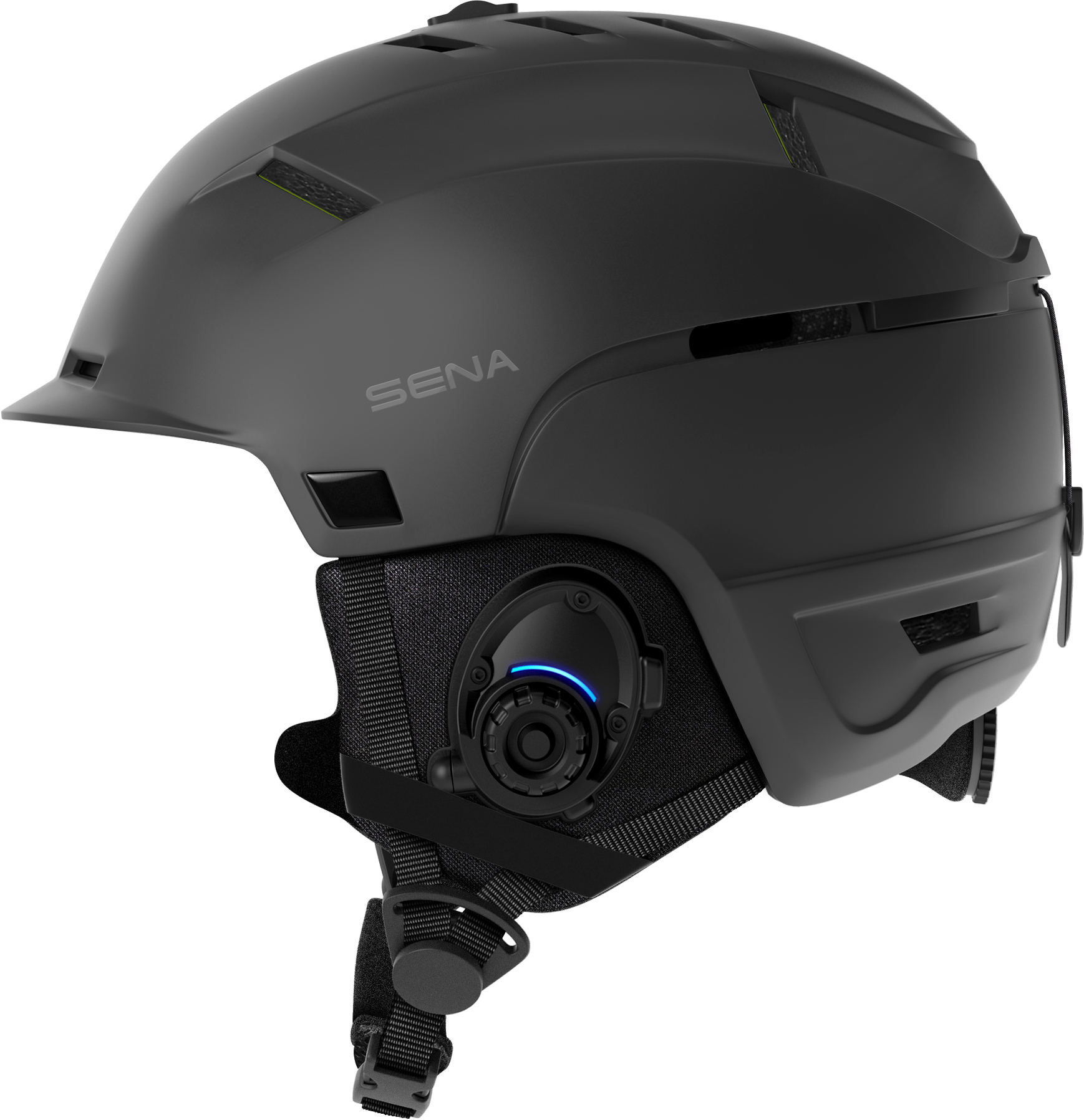 Schwarzer Sena Skihelm mit Kommunikationsgerät. Weißer Hintergrund.