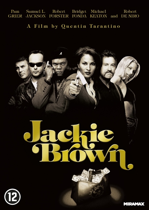 Jackie Brown filmposter met de cast en titel. Een tas met geld staat op de voorgrond.