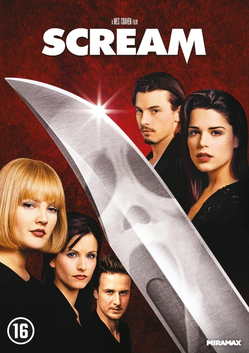 Filmposter met meerdere mensen. Een mes staat in het midden. Het woord SCREAM staat bovenaan.