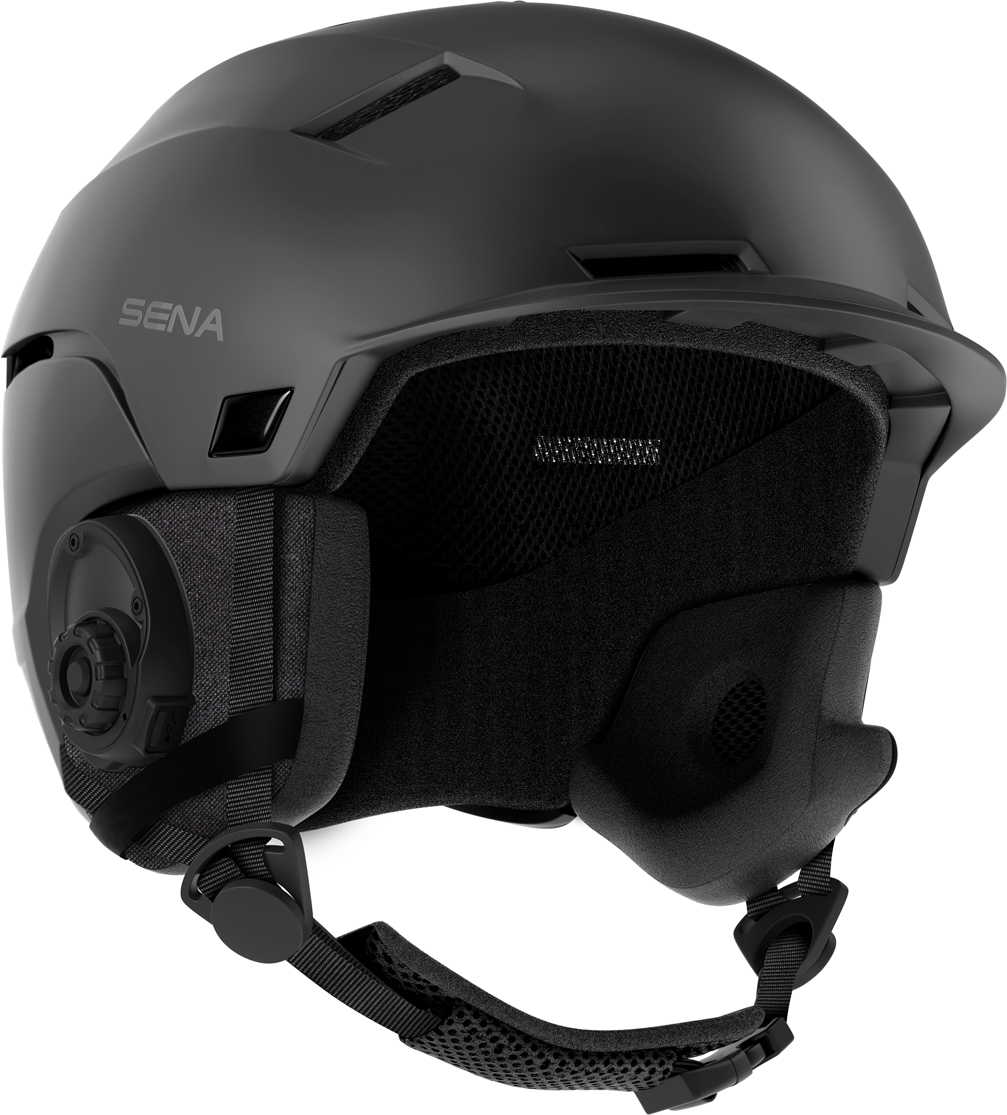 Ein schwarzer Skihelm mit Logo und Gehörschutz.