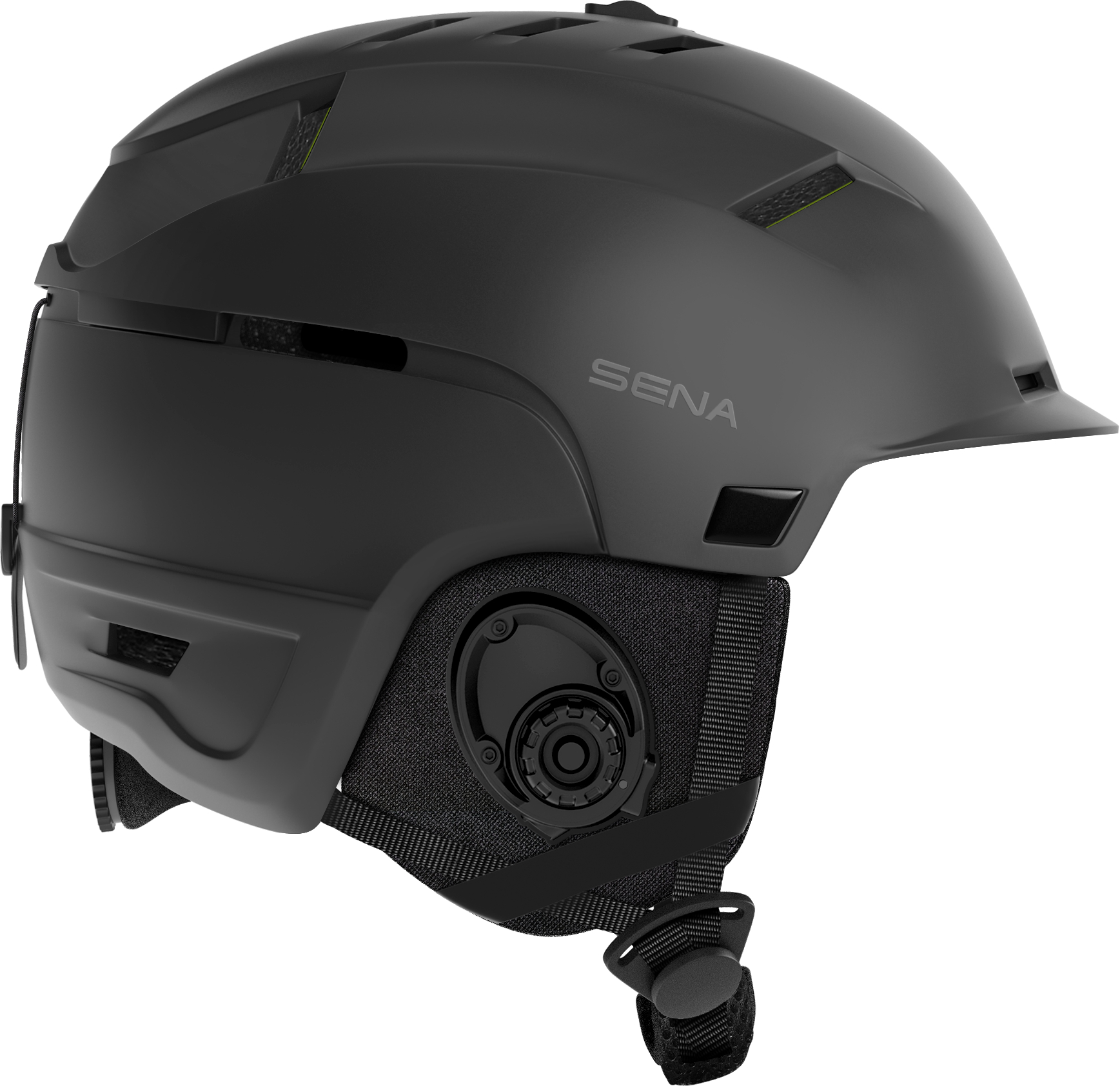 Schwarzer Skihelm. Verfügt über ein Sena-Logo und einen Kinnriemen.