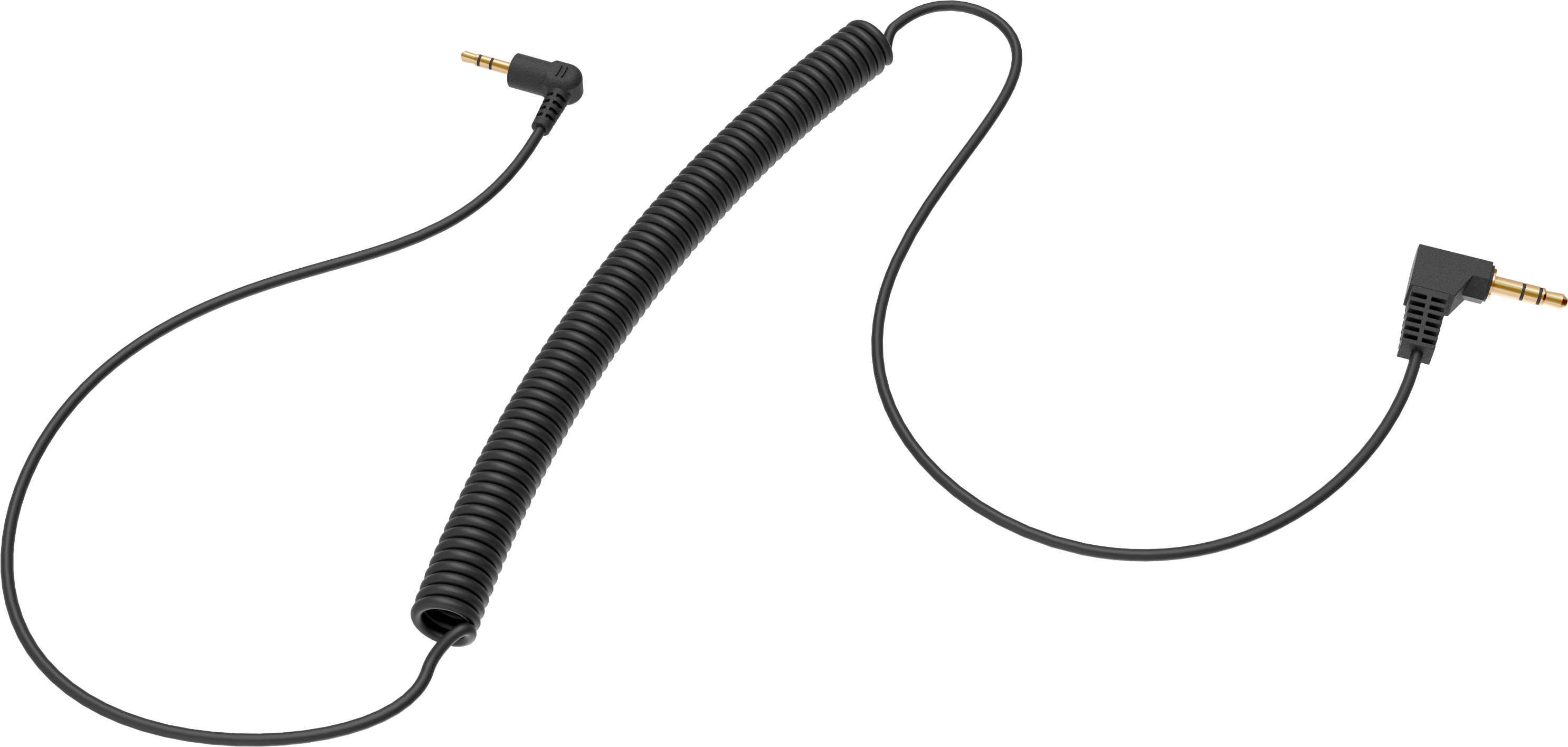 Ein schwarzes, gewendeltes Audiokabel mit zwei abgewinkelten 3,5-mm-Klinken.