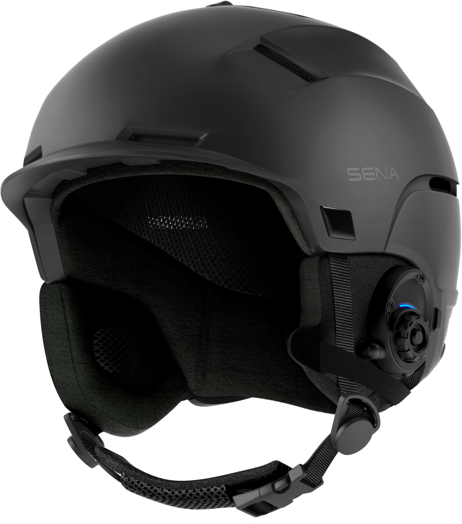 Schwarzer Helm mit Sena-Logo und Riemen. Er ist für Wintersport konzipiert.