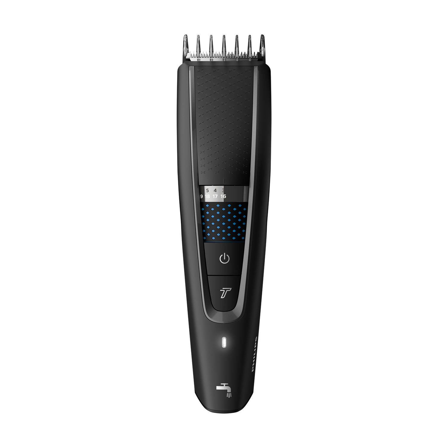 Black electric shaver on black background. Has a display with numbers, and a power button.