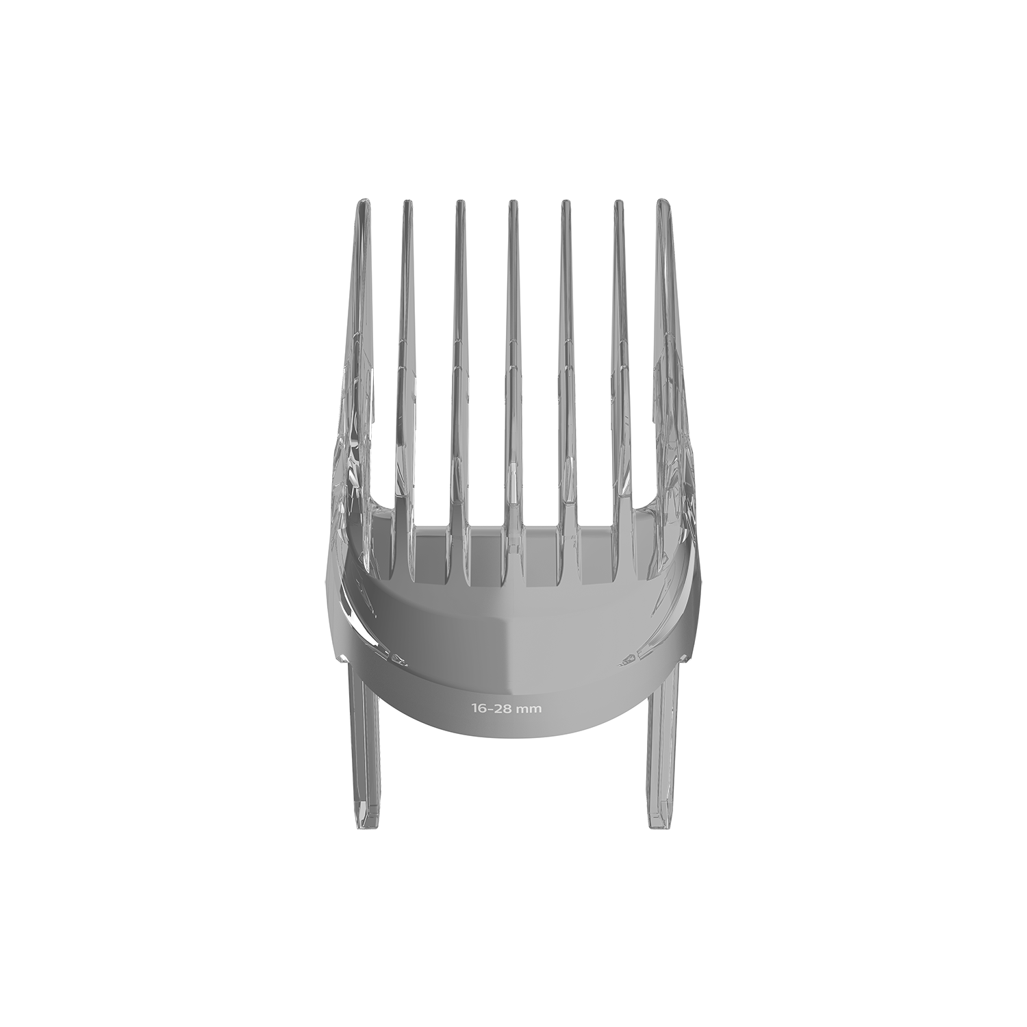 A clear, plastic hair clipper attachment on a black background.