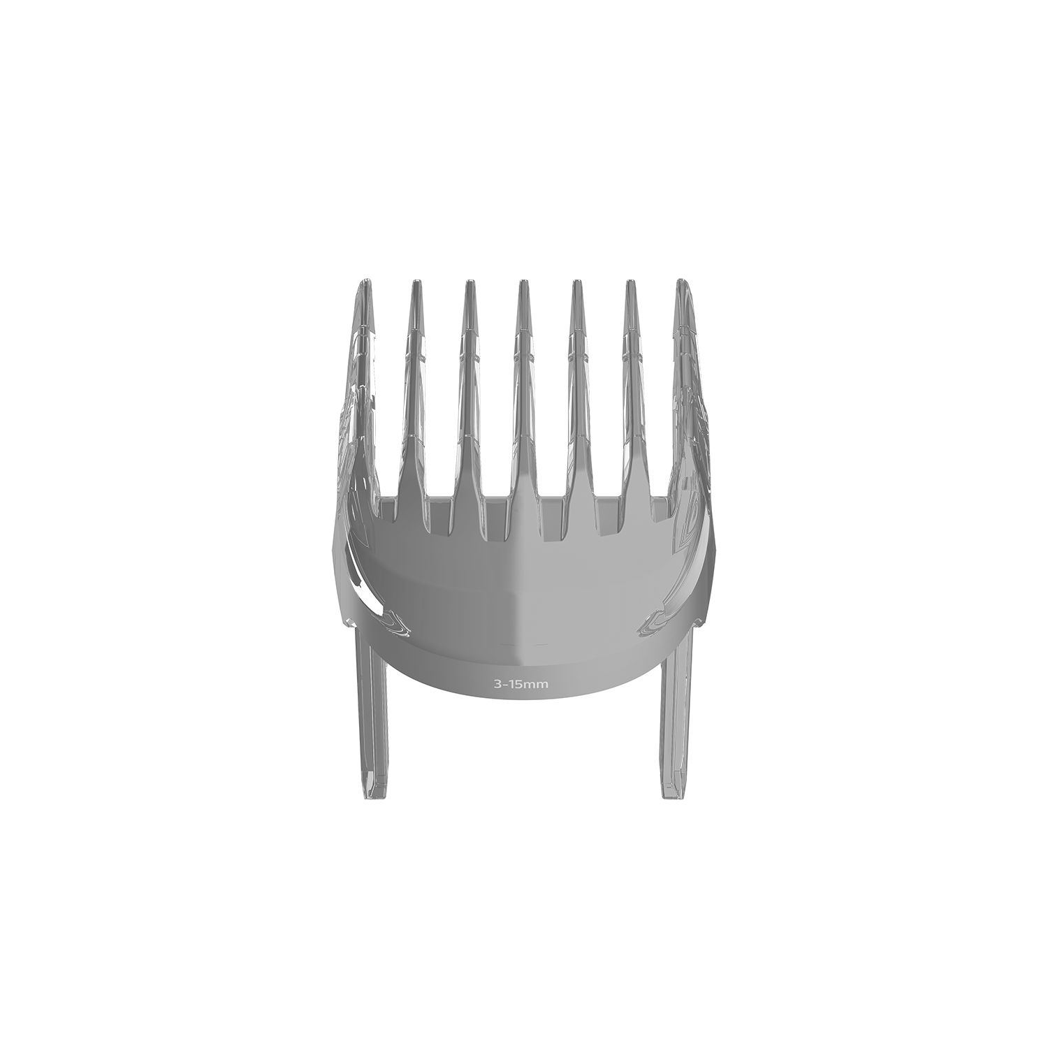 A clear hair clipper attachment has blades and teeth. It is on a black background.