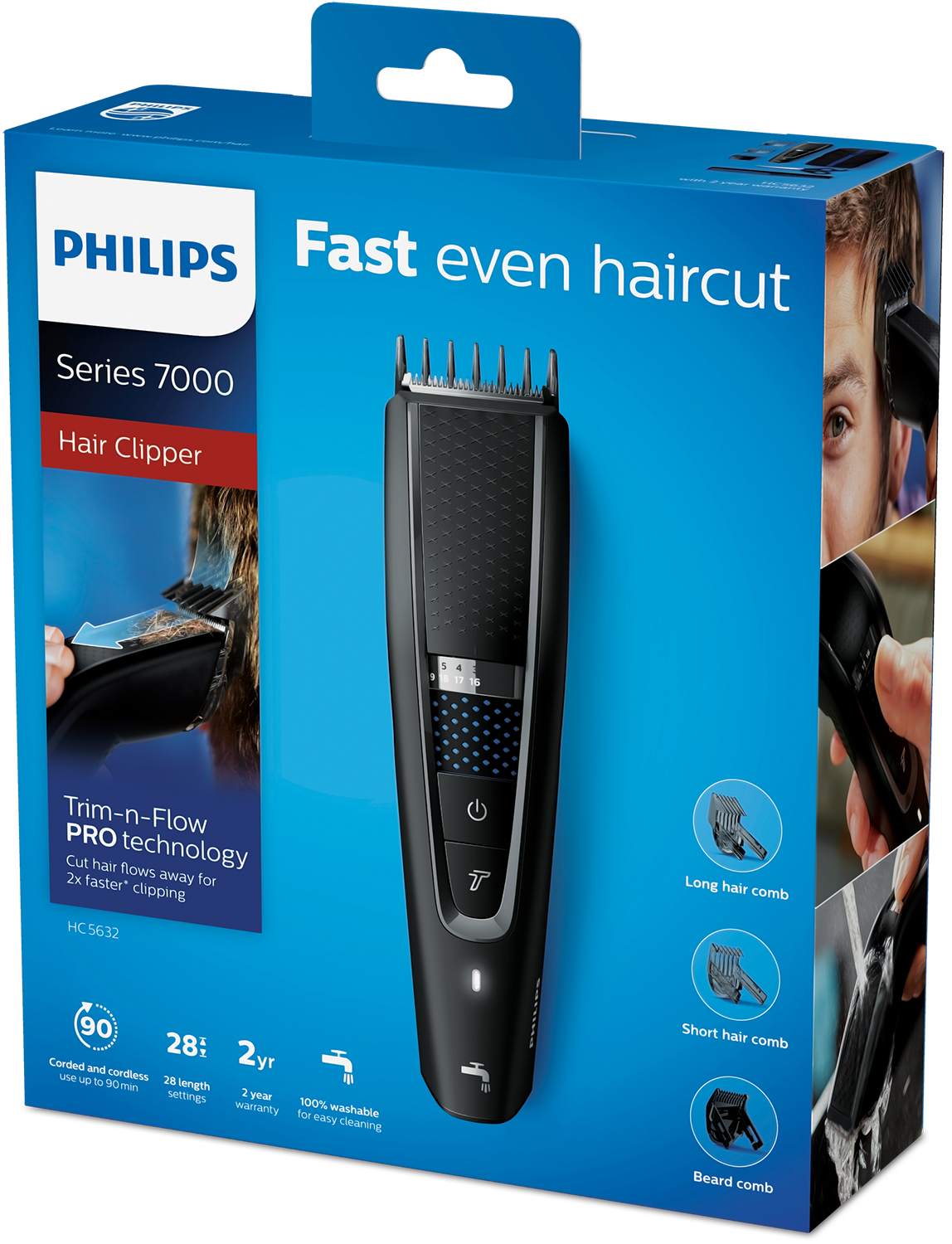 Philips Series 7000 hair clipper box with a picture of a man's haircut, and accessories.