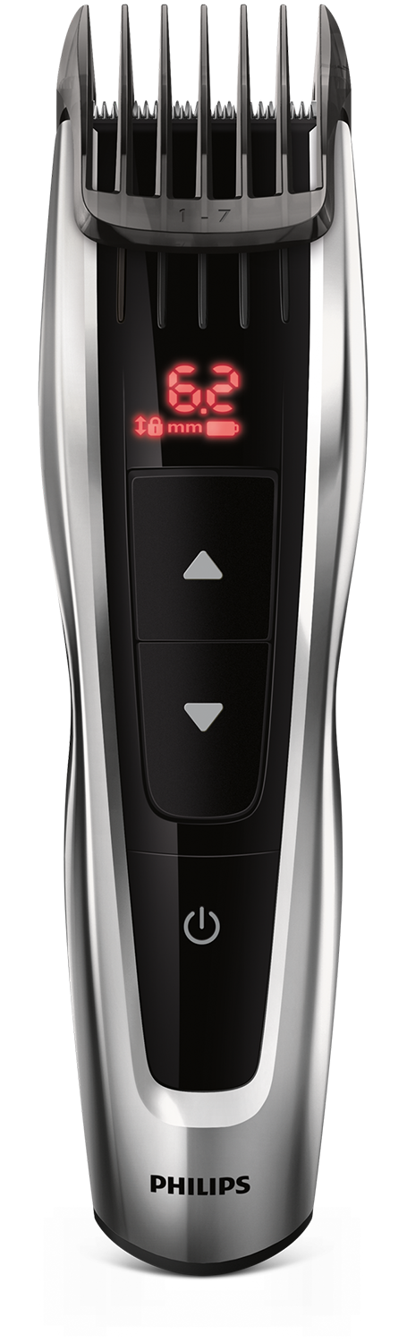 Electric beard trimmer with digital display showing length and battery.
