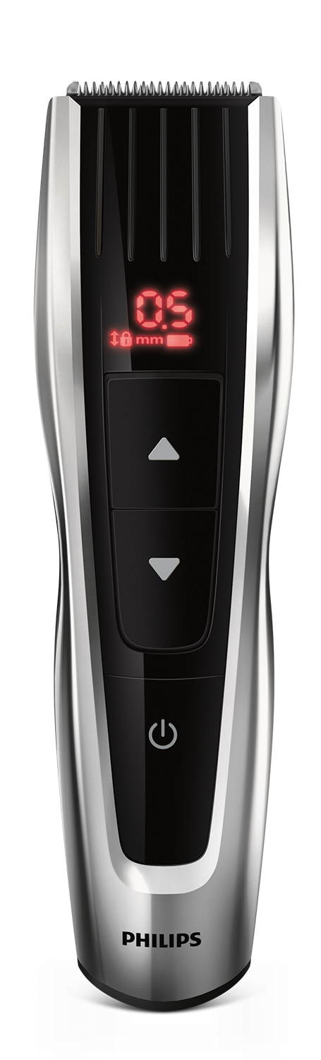 Silver and black hair clipper with display showing 0.5mm and arrows. Philips brand name.