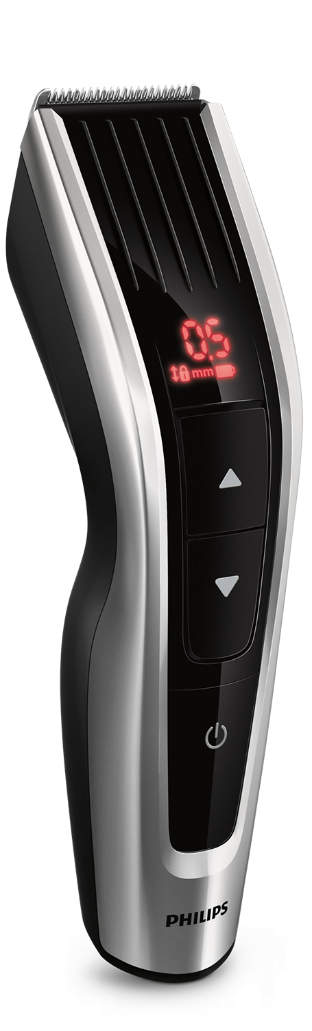 A black and silver Philips hair clipper with a digital display showing '0.5 mm'.
