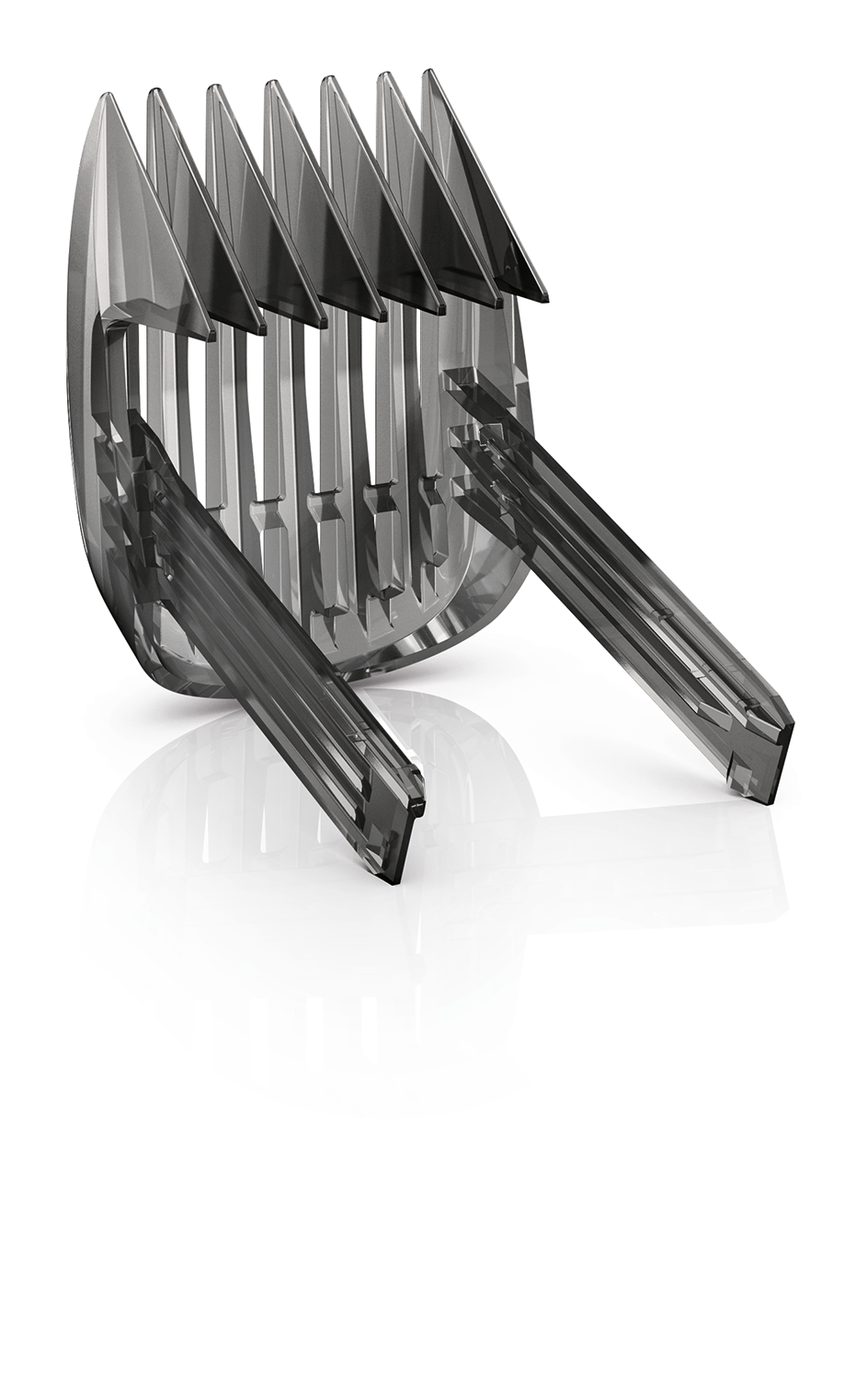 Hair clipper attachment, transparent and angled, with white reflection.