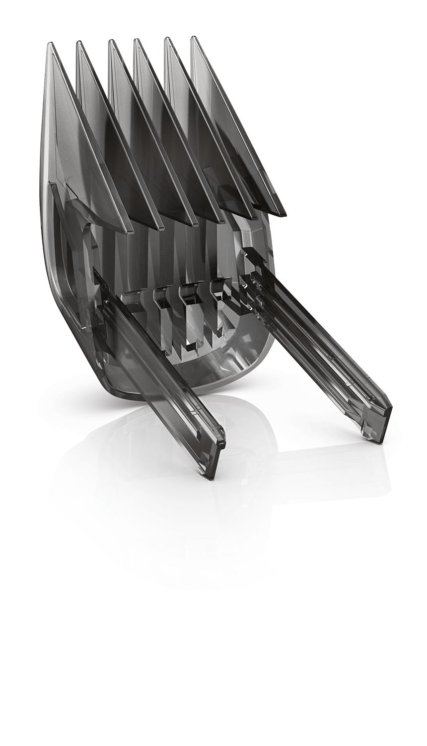 Hair clipper attachment, translucent gray, angled blades.