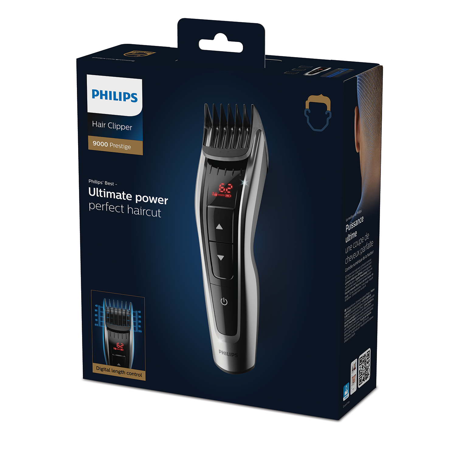 Philips hair clipper in a box. The box displays the clipper and its features, including digital length control.