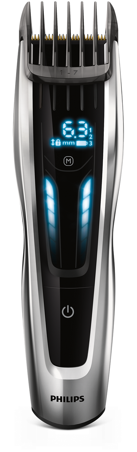 Een zwarte en zilveren Philips tondeuse met een digitaal display.