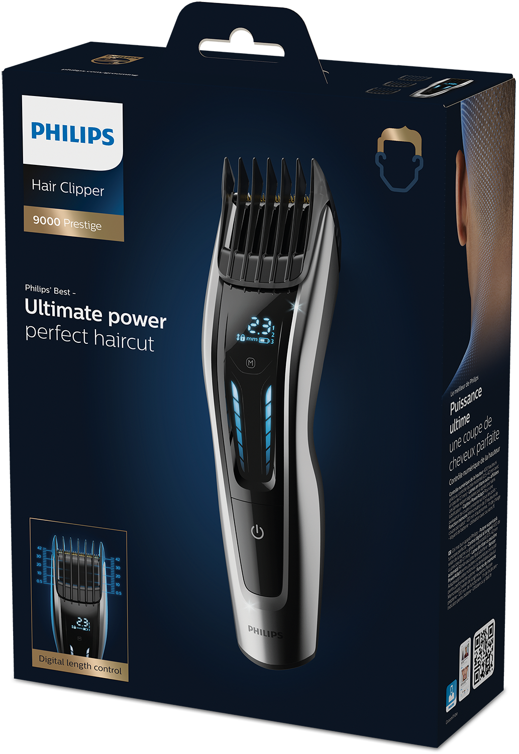 Philips tondeuse op blauwe doos. Tekst luidt 'Ultimate power perfect haircut'.