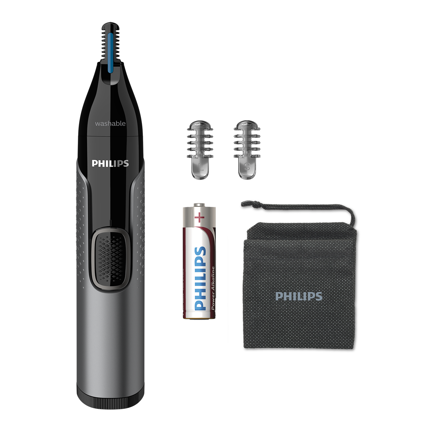 A nose hair trimmer with blue detail, two trimmer heads, a battery, and a small pouch, all on a dark background.