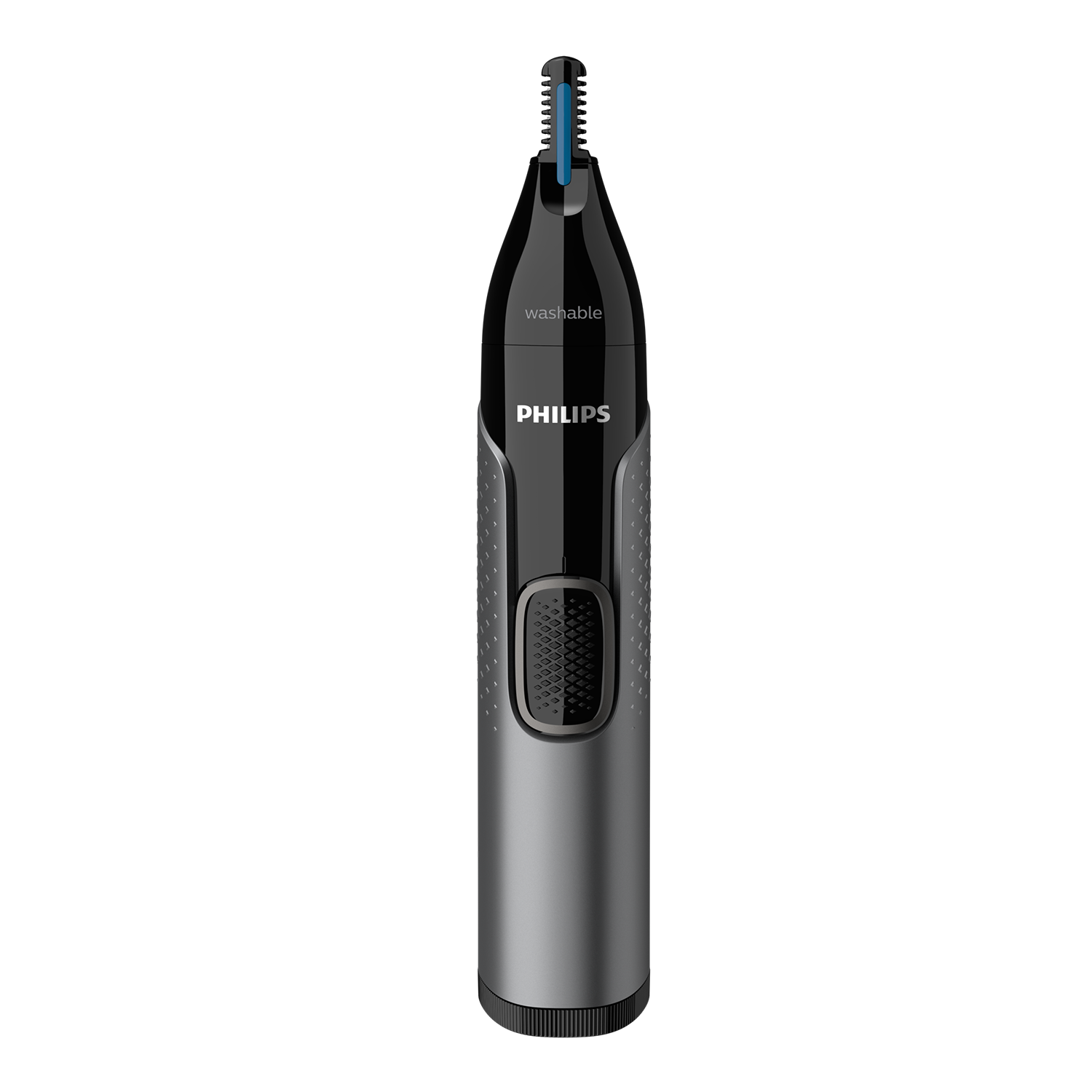 A silver and black Philips nose hair trimmer on a black background, showing the device's design and details.