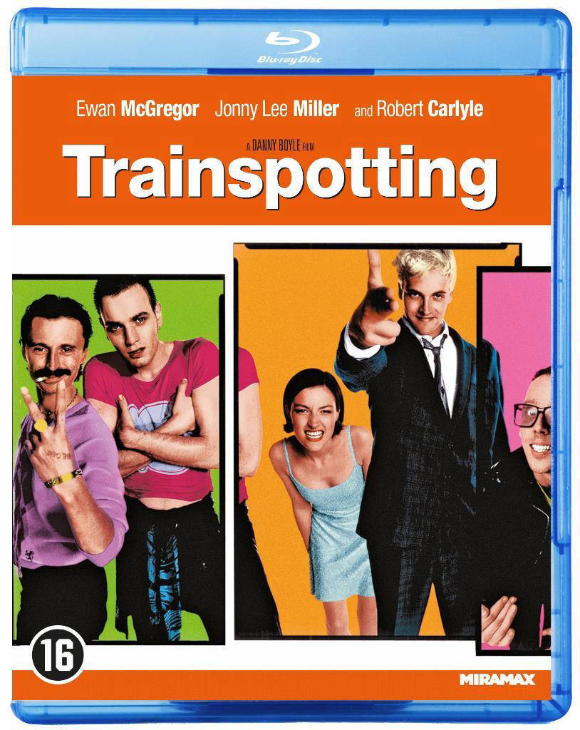 Couverture Blu-ray pour 'Trainspotting'. Avec Ewan McGregor et d'autres. Le titre est orange.