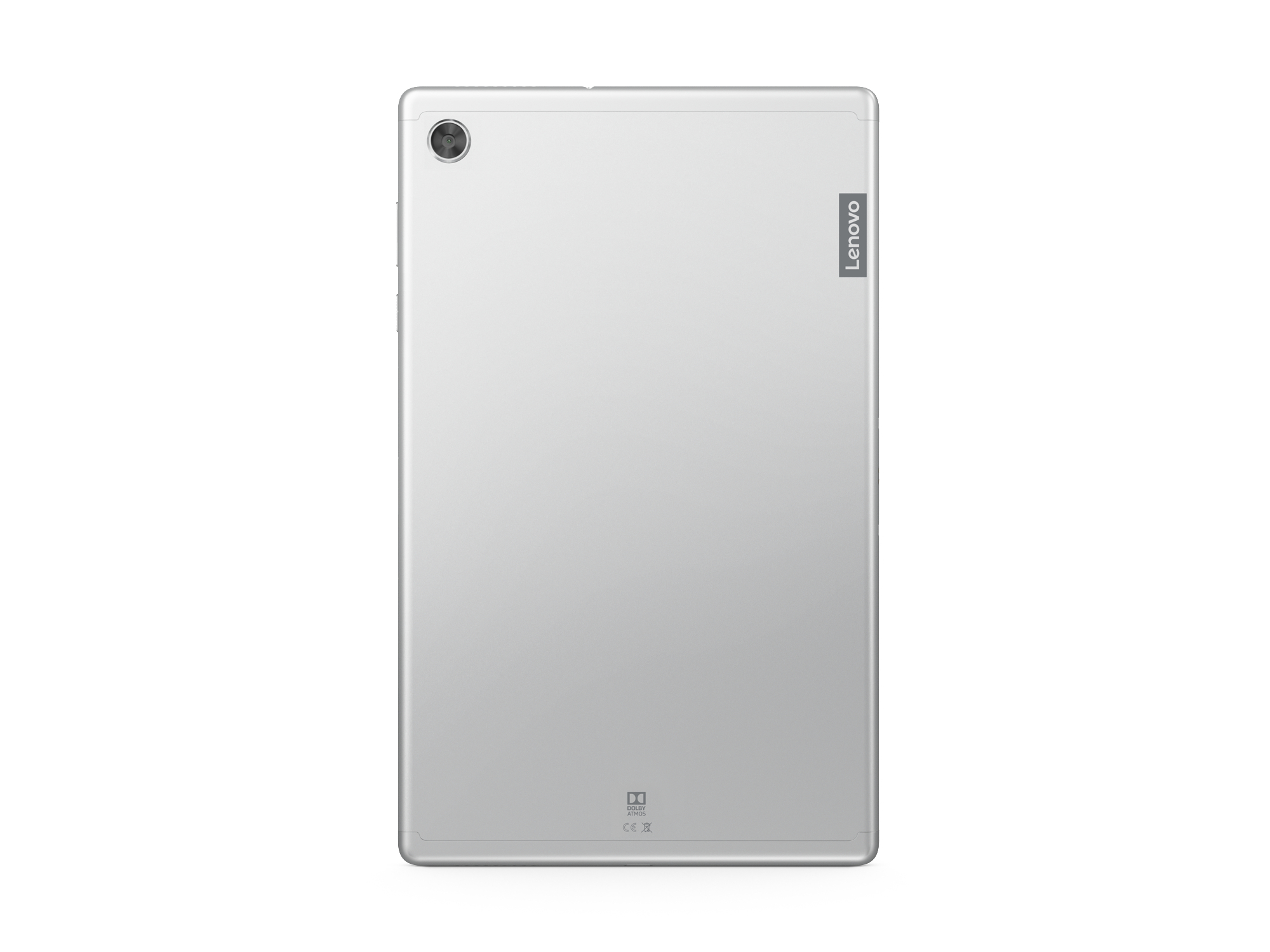 Silbernes Tablet, Rückansicht, mit Lenovo-Logo und Kamera.