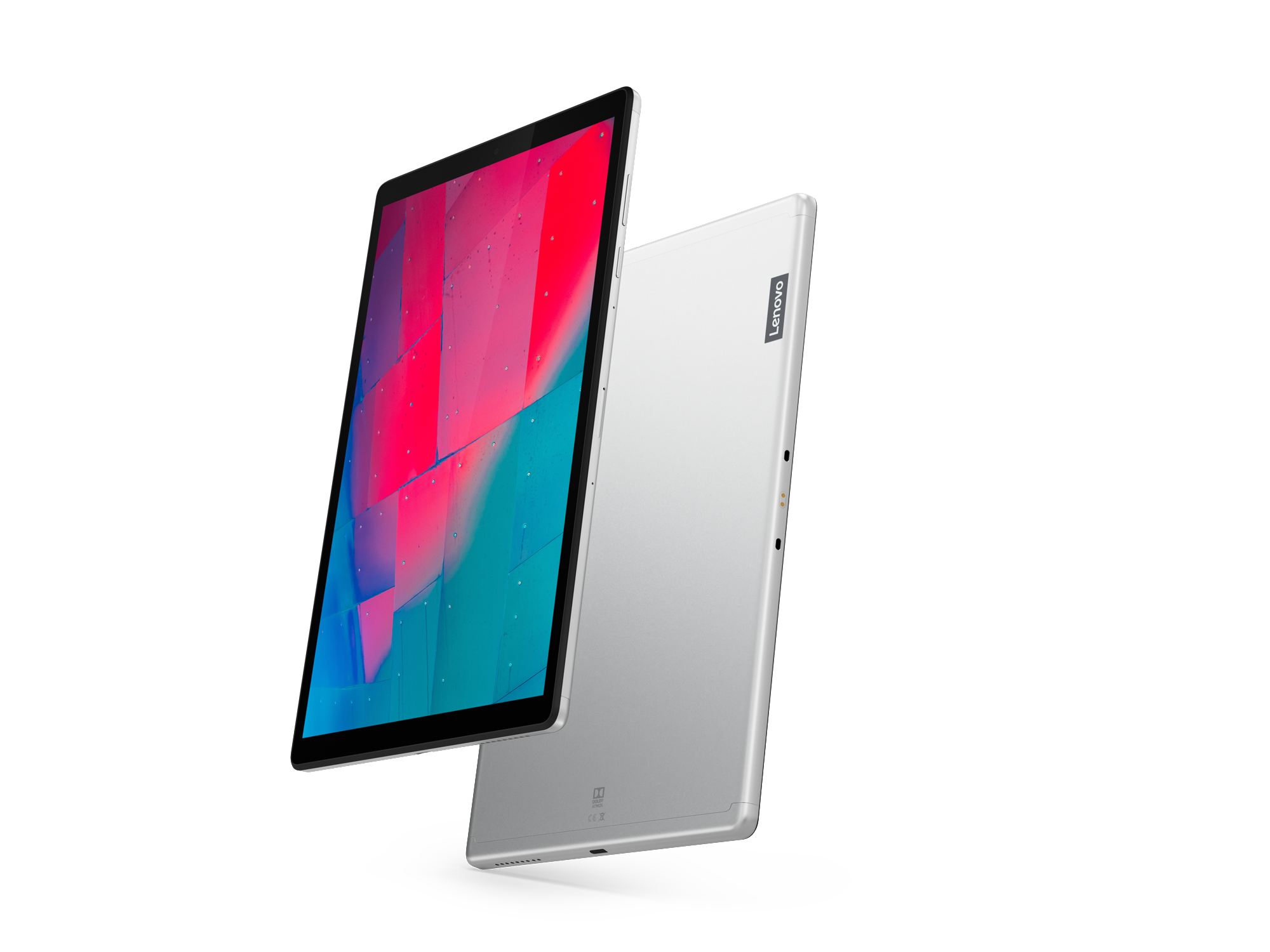 Silbernes Lenovo Tablet, Vorder- und Rückansicht. Zeigt bunte abstrakte Grafiken. Weißer Hintergrund.