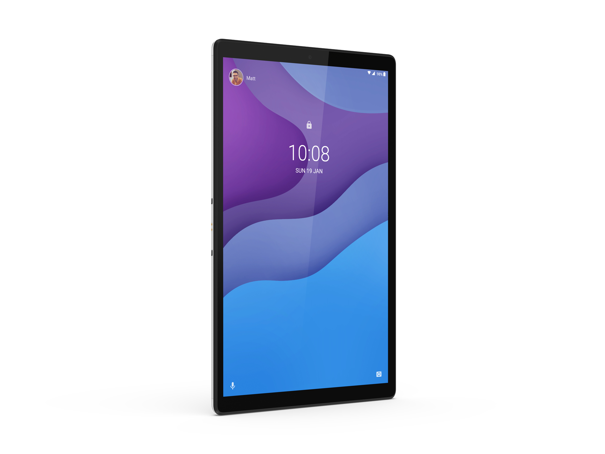 Ein silbernes Tablet mit einem Sperrbildschirm, der Uhrzeit und Datum anzeigt, mit einem lila und blauen Hintergrund.