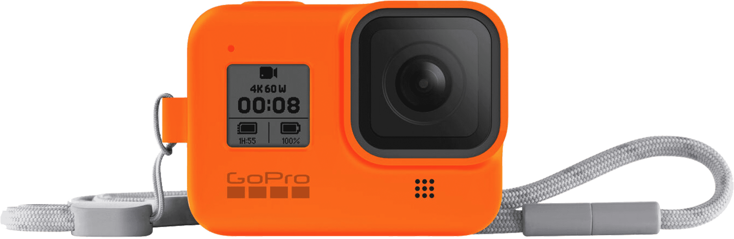 Caméra GoPro orange avec écran affichant les infos vidéo et une sangle grise.
