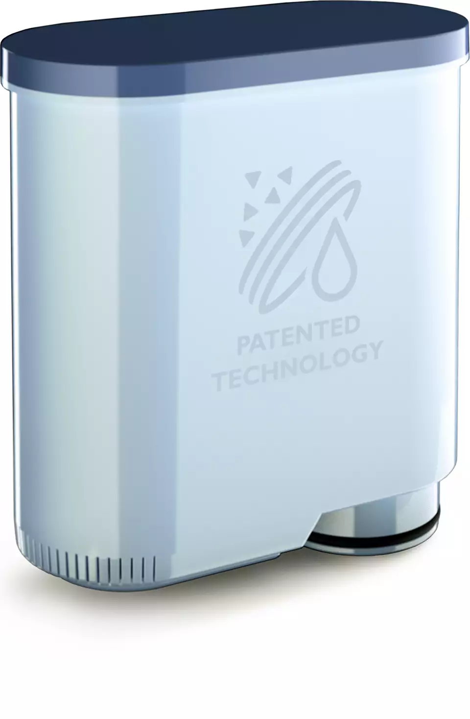 A white water filter cartridge with a blue top, featuring a logo and text on a white surface.