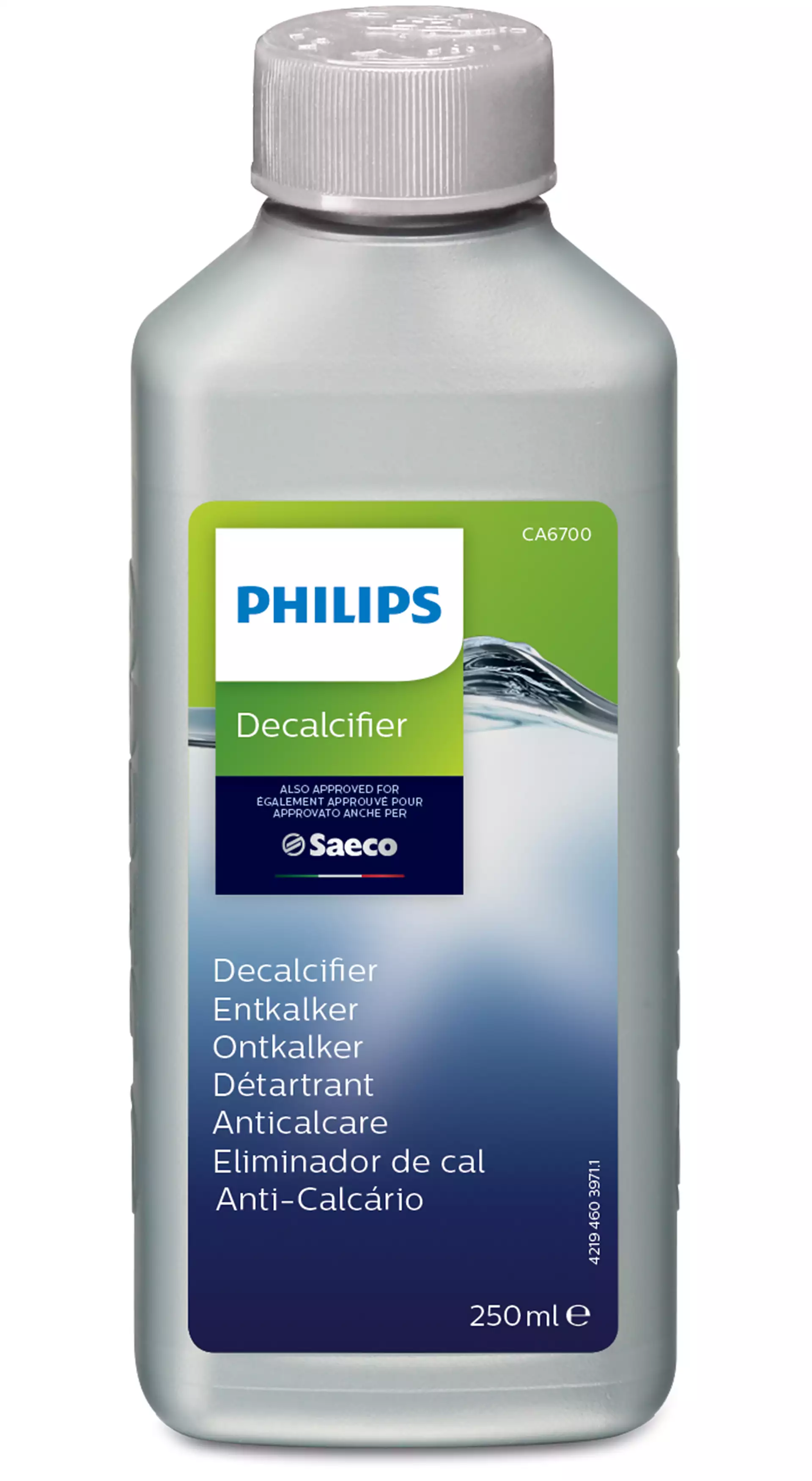 Une bouteille de détartrant Philips avec des étiquettes multilingues, vert et blanc, sur fond blanc.
