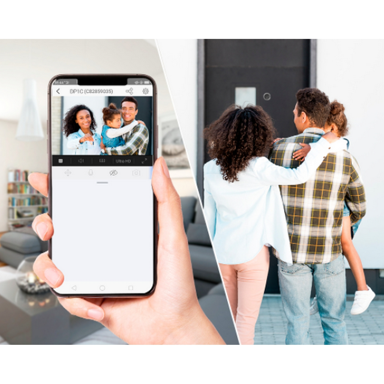 Una mano sosteniendo un teléfono, mostrando una videollamada con una familia y una casa.