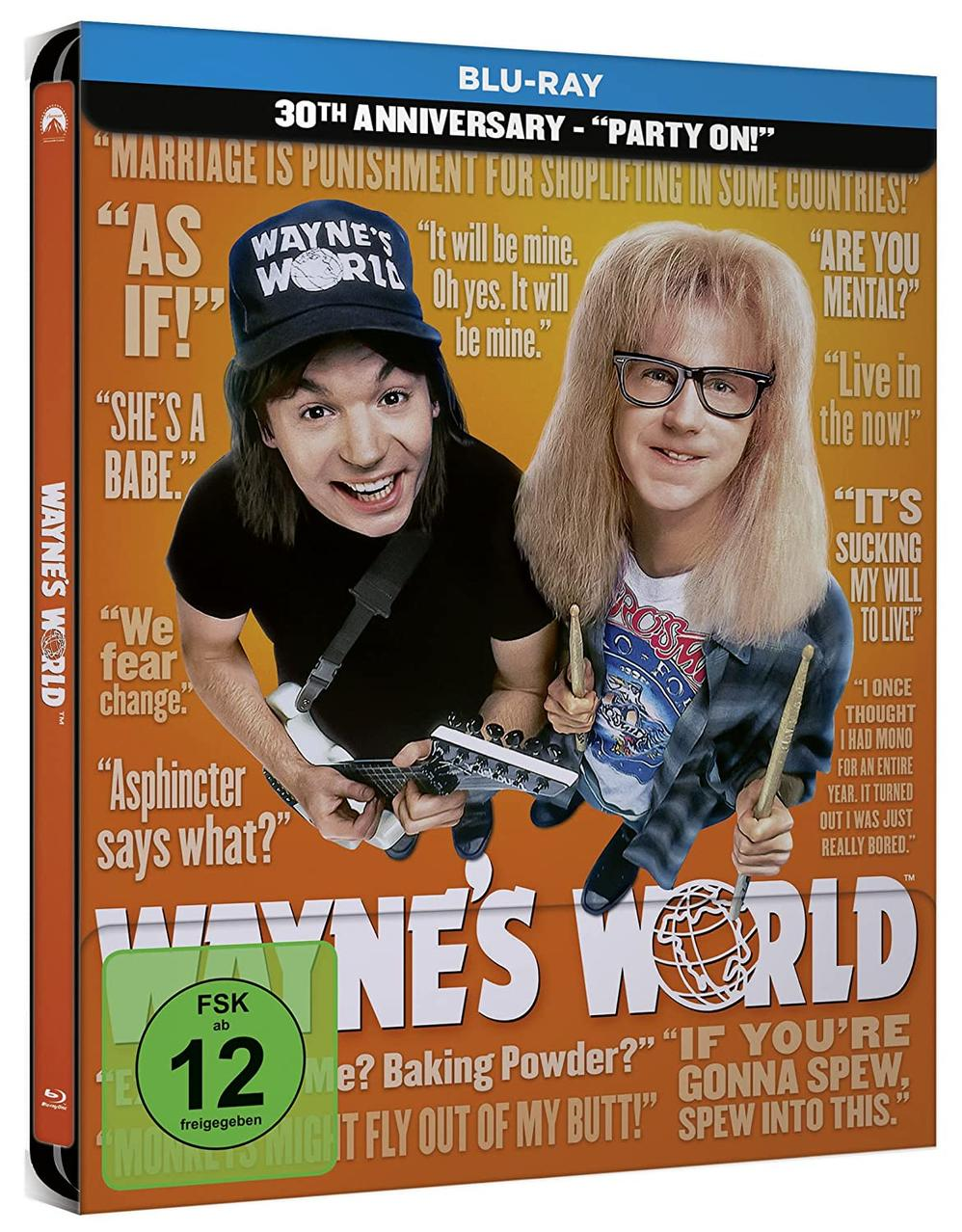 Wayne's World Blu-ray-Cover mit zwei Männern, fetter Schrift und einem humorvollen Design.