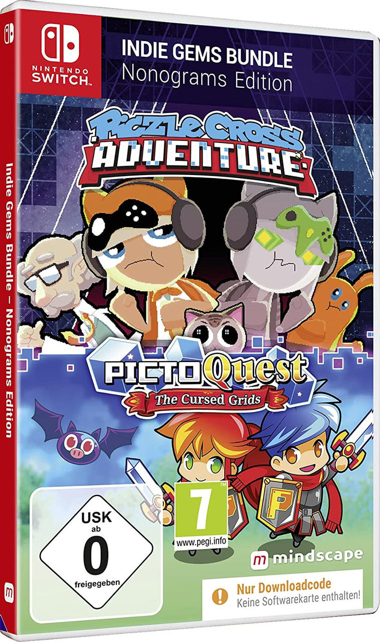 Eine Nintendo Switch-Spielbox. Indie Gems Bundle, PictoQuest-Spiel-Cover-Art mit Zeichentrickfiguren.