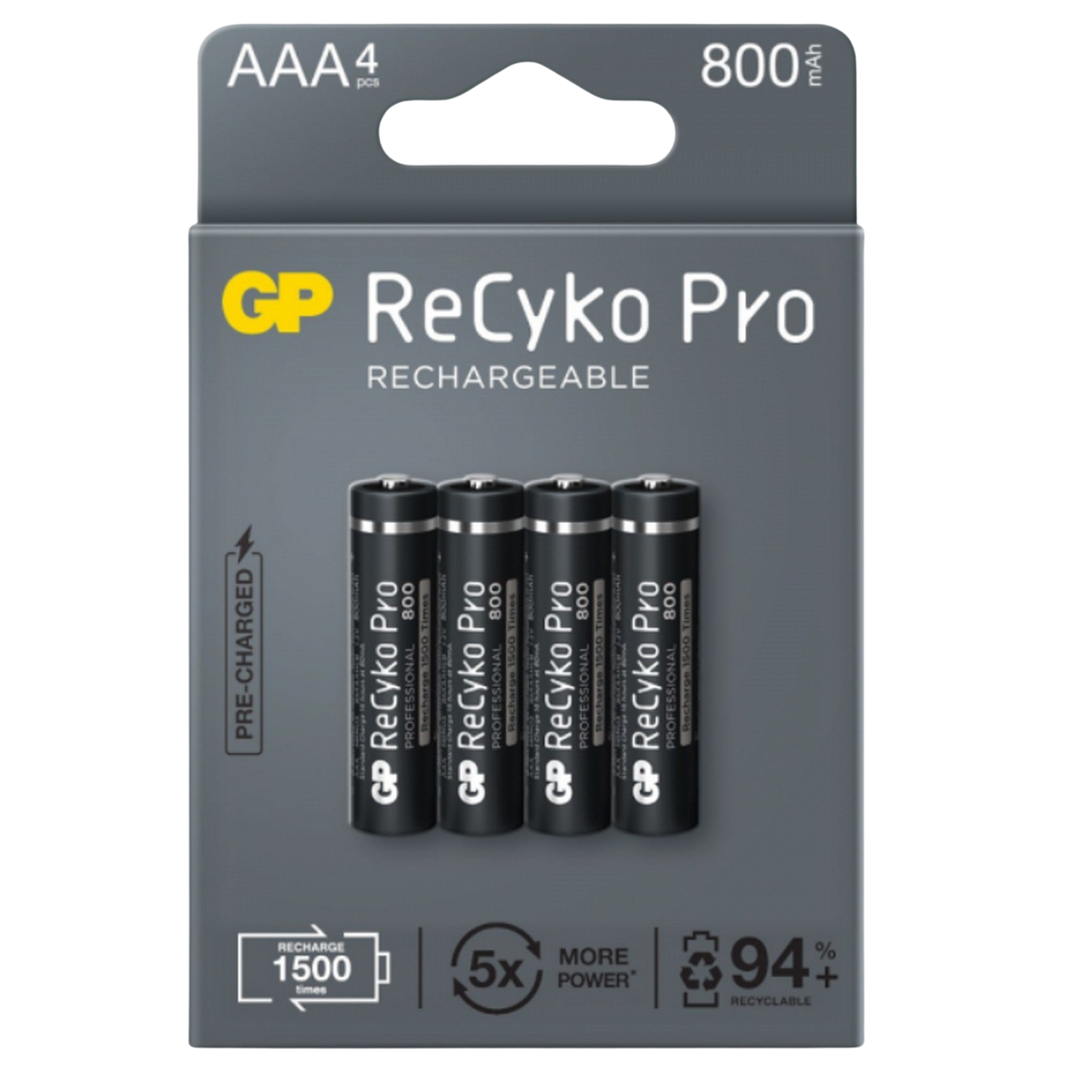 Pilas Recargables Gp recyko pro aaa hr03 800 mah blister 4 unidades negro baterías precargadas ciclo de vida masivo excelente rendimiento