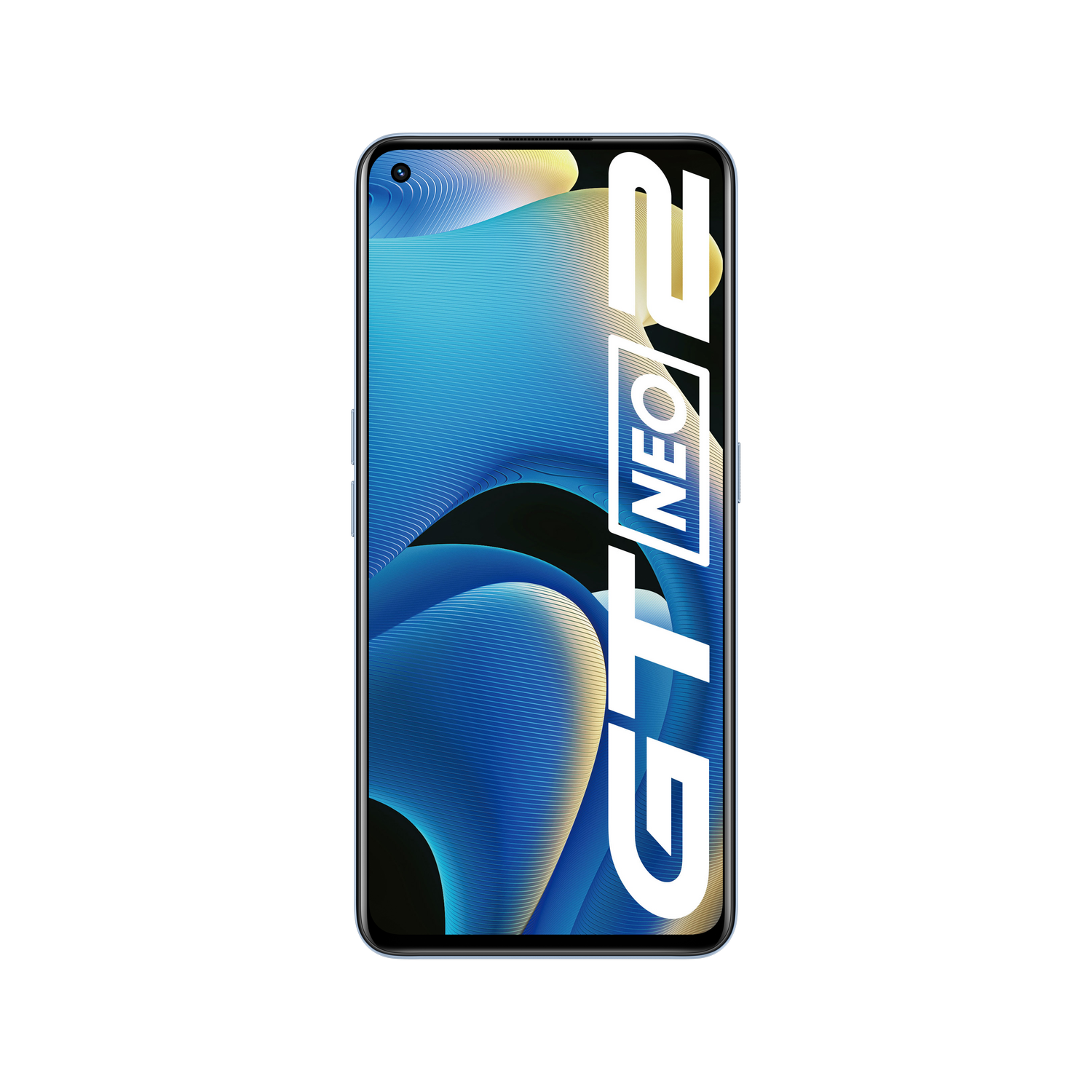 Teléfono Realme GT Neo 2, pantalla azul con el texto "GT NEO 2" y fondo negro.