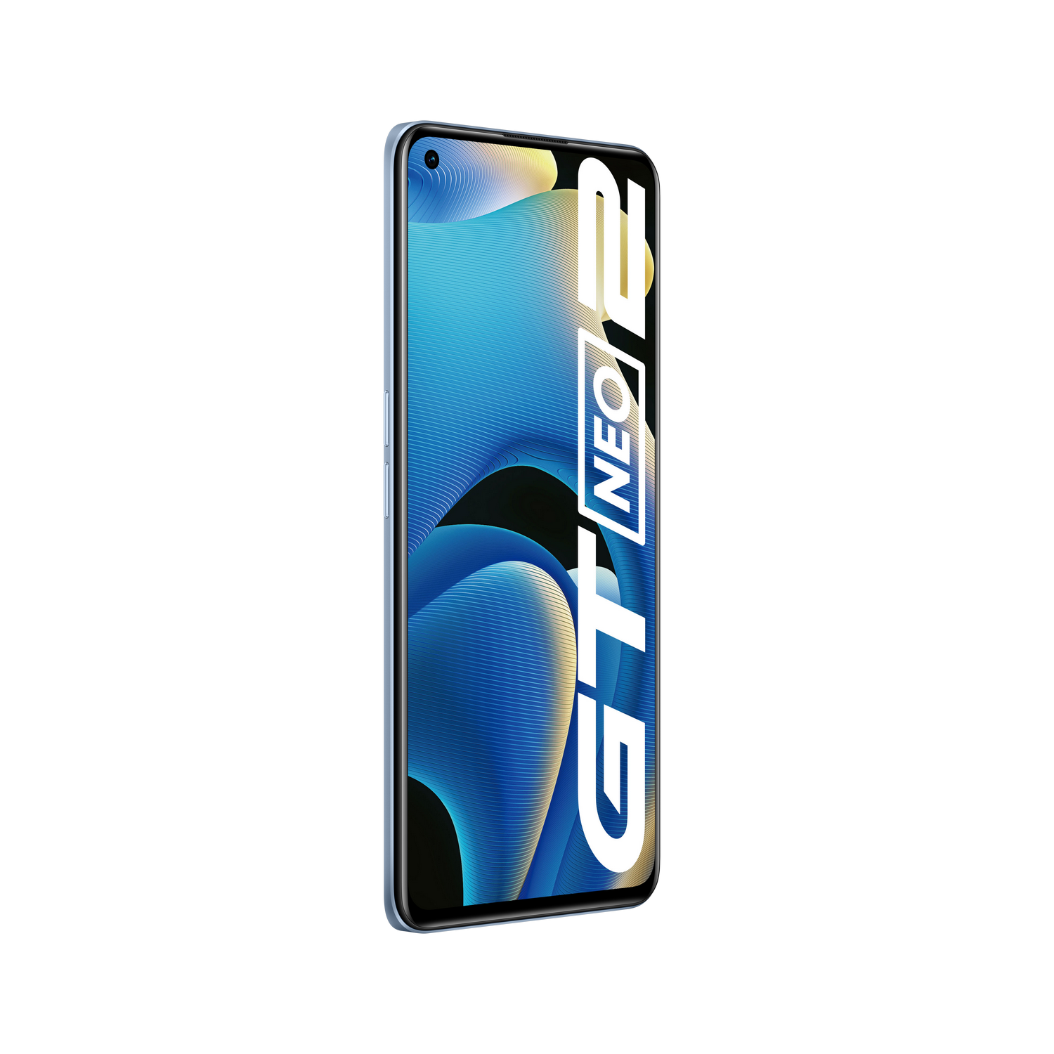 Un teléfono inteligente azul con las palabras 'GT NEO 2' en la pantalla. El teléfono está sobre un fondo negro.